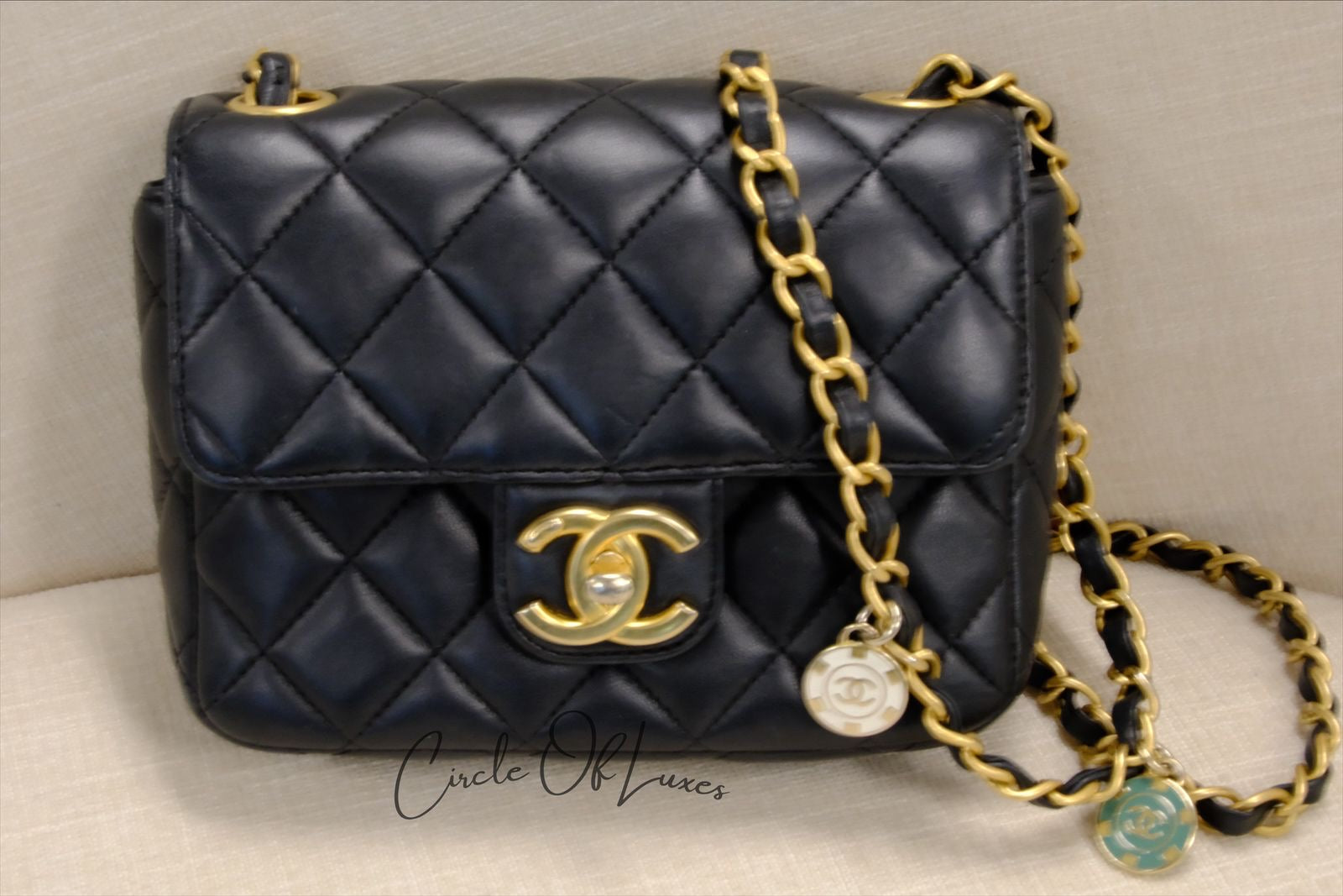 CHANEL 23C BLACK MINI SQUARE LAMSKIN CHARM COIN