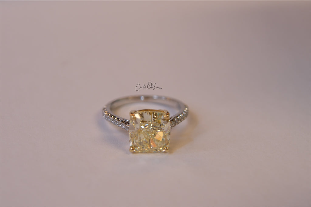 FANCY YELLOW DIAMOND RING WITH PAVE DAMINDS PLATIUM BAND -CONTACT US