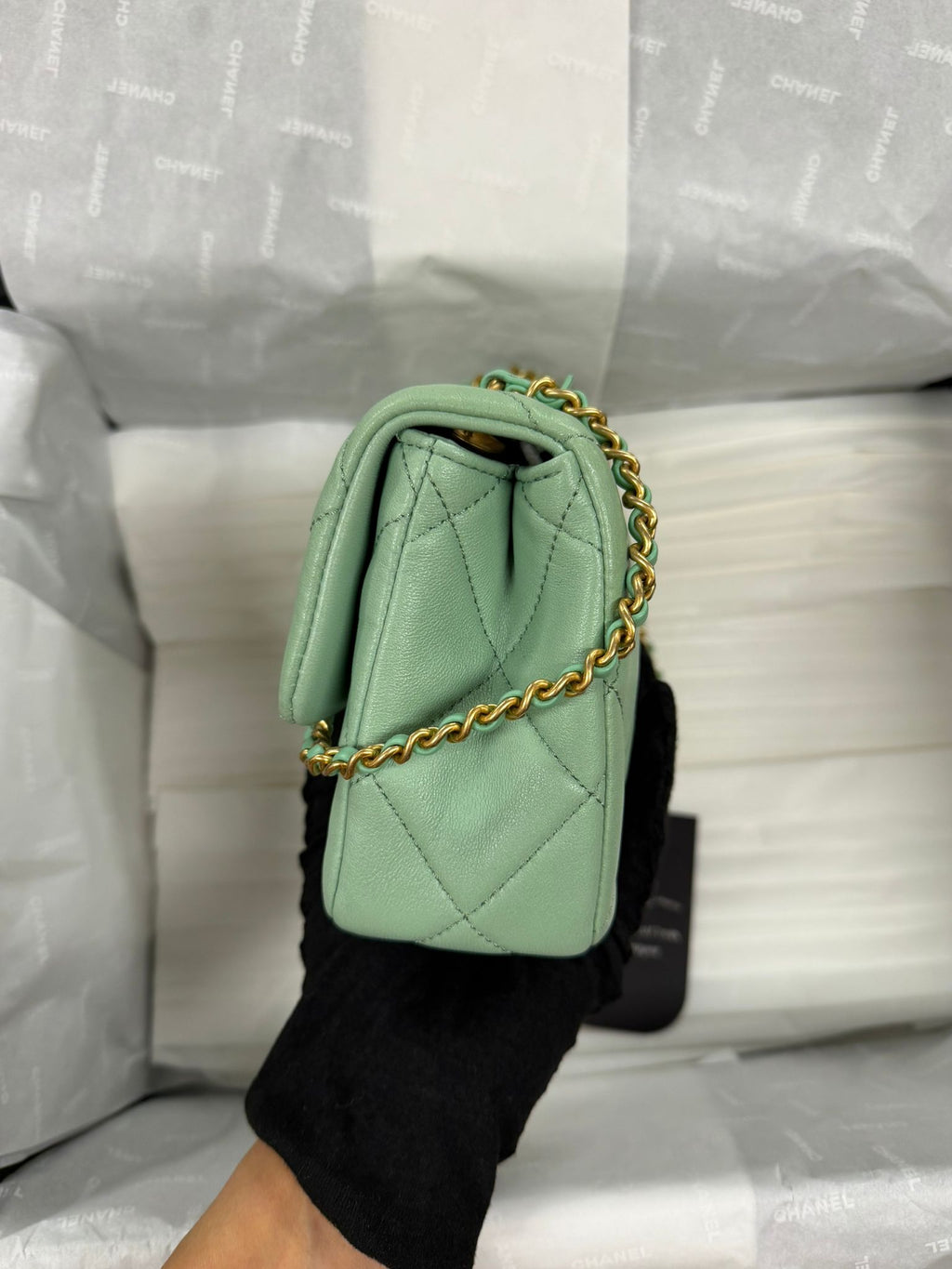 CHANEL MINI GREEN TEA LAMSKIN BAG  PEARL CRUSH