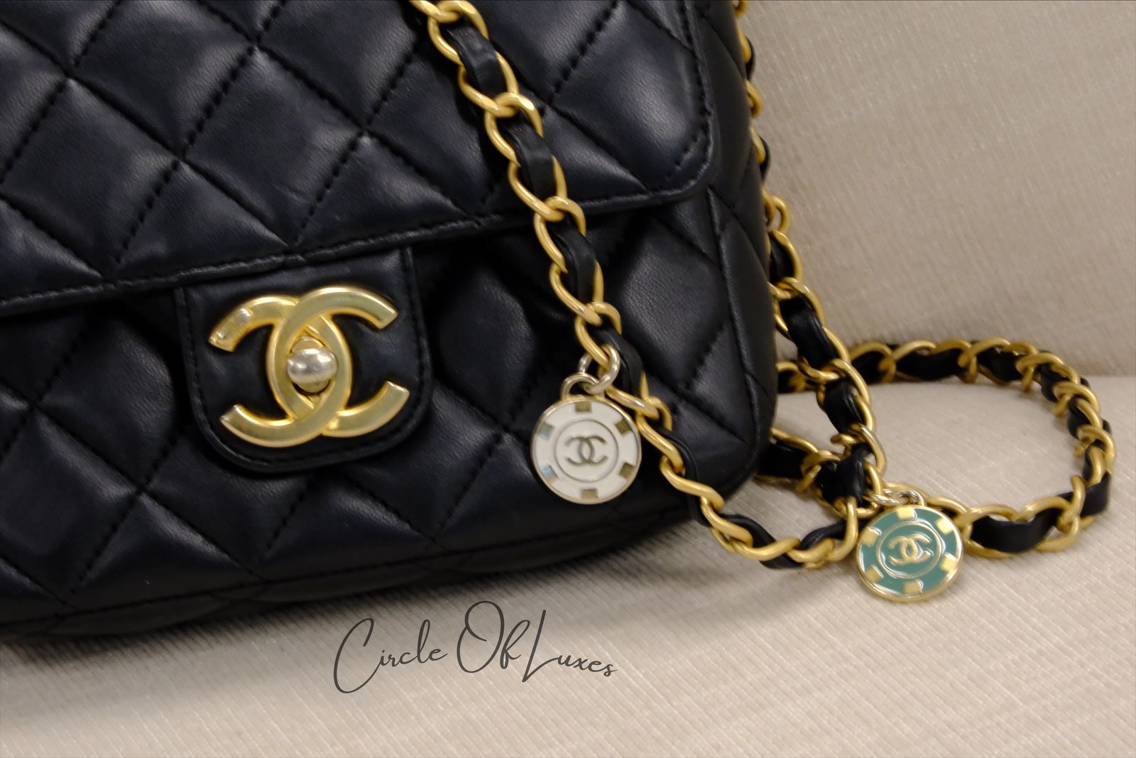 CHANEL 23C BLACK MINI SQUARE LAMSKIN CHARM COIN