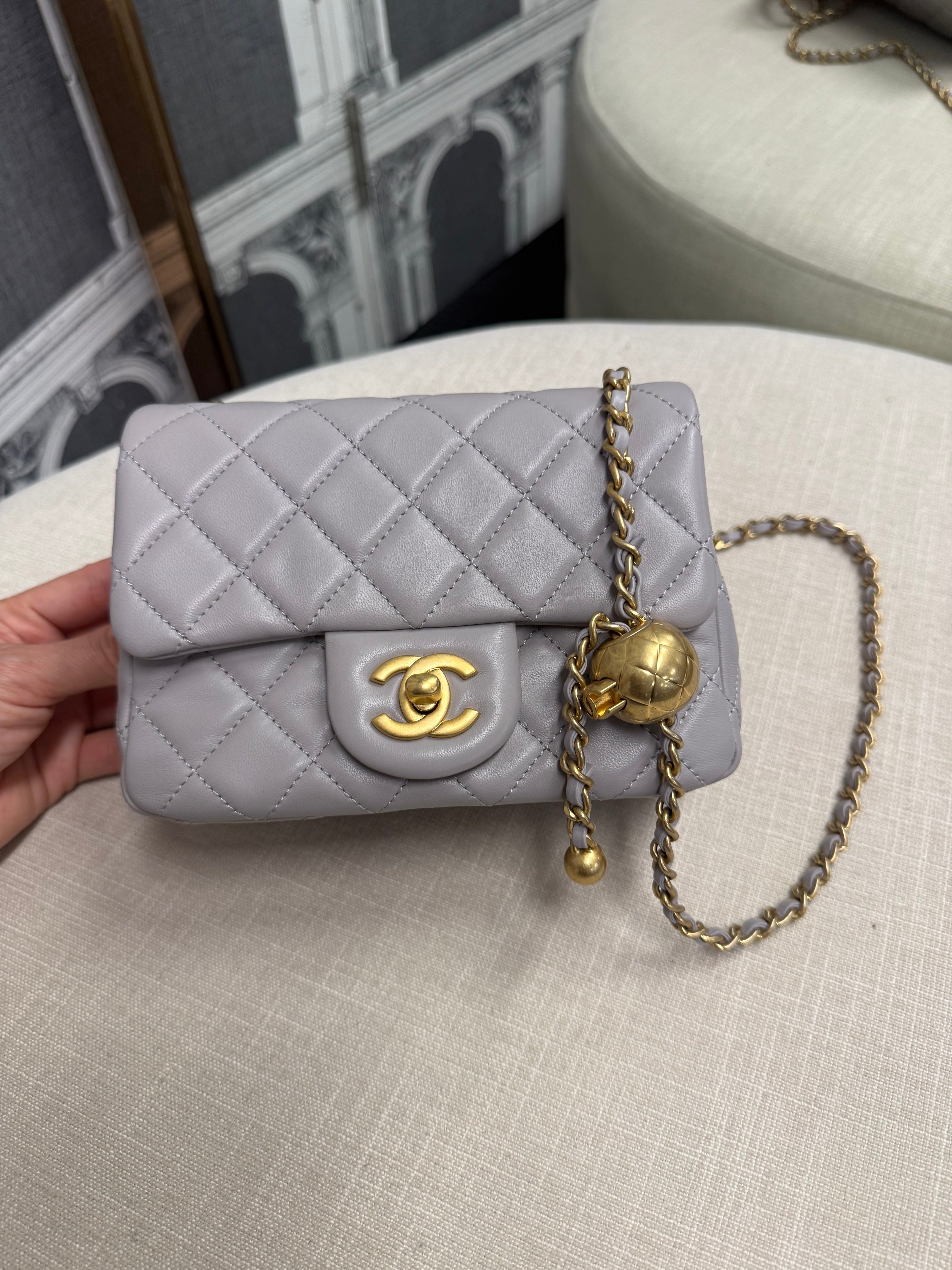 CHANEL MINI SQUARE PEARL CRUSH GREY GHW
