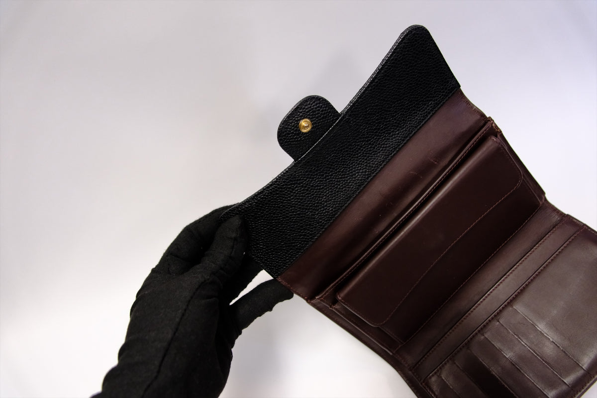 CHANEL TRIFOLD LONG WALLET BLACK CAVIAR GHW