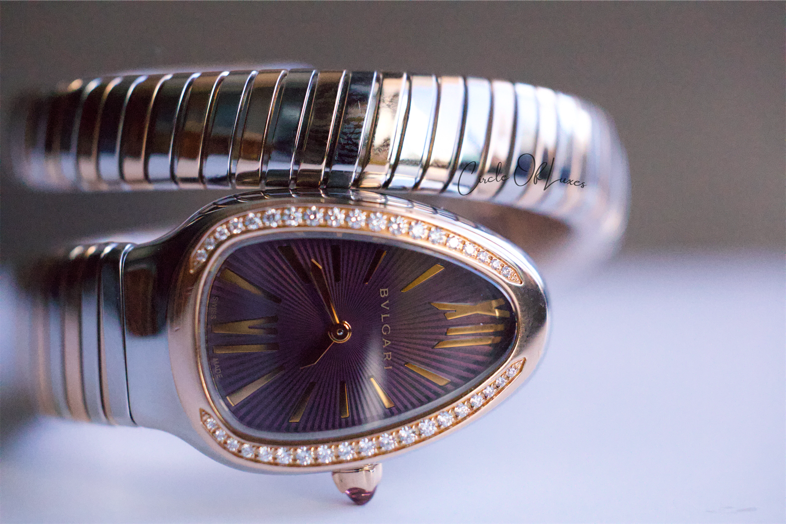 BVLGARI SERPENTINE TUBOGAS DIAMONDS  18K ROSE GOLD/STEEL VIOLET DIAL