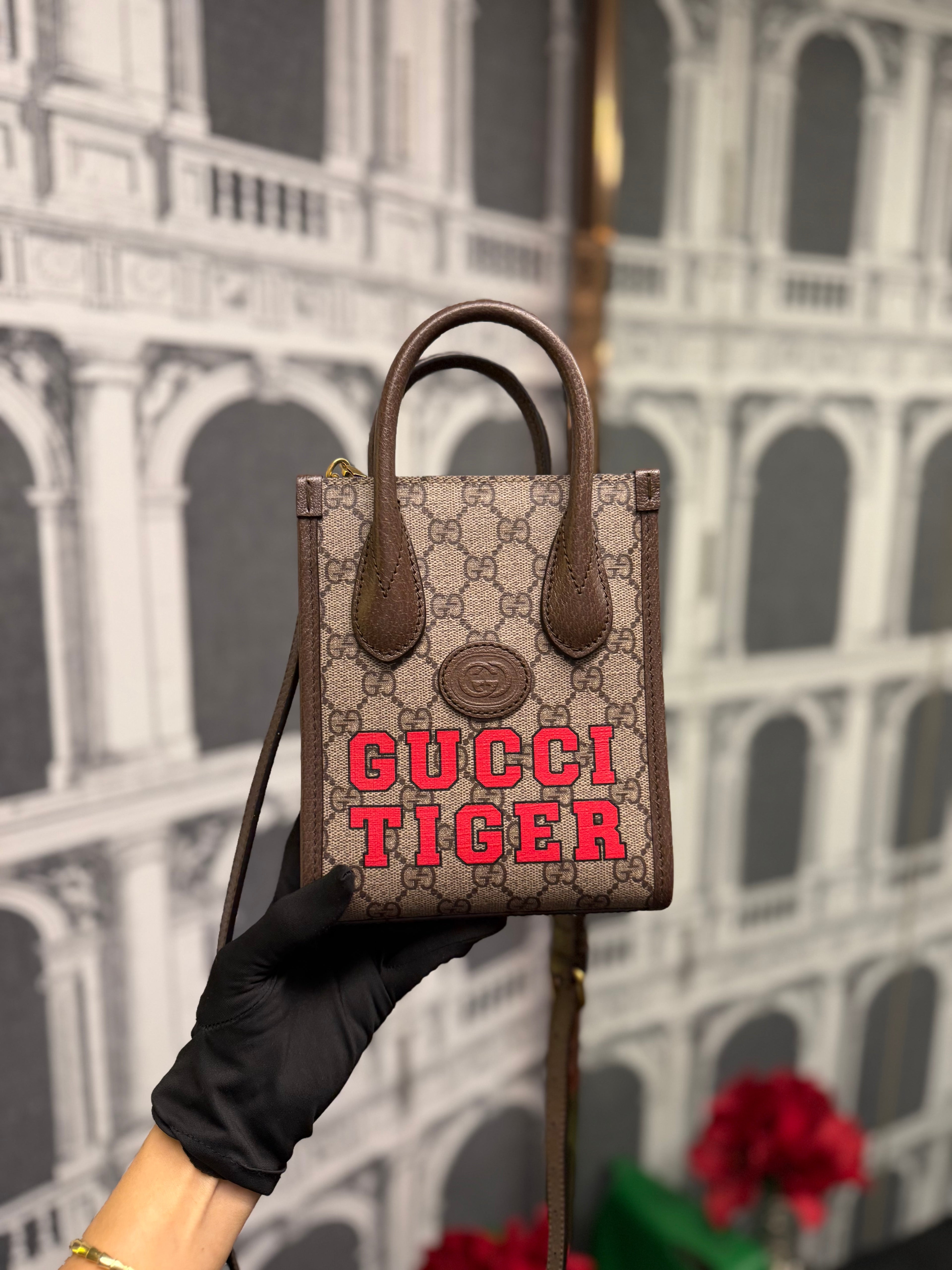 GUCCI Supreme Monogram Azalea Mini Retro Interlocking G Tote Bag Beige Ebony Brown Sugar