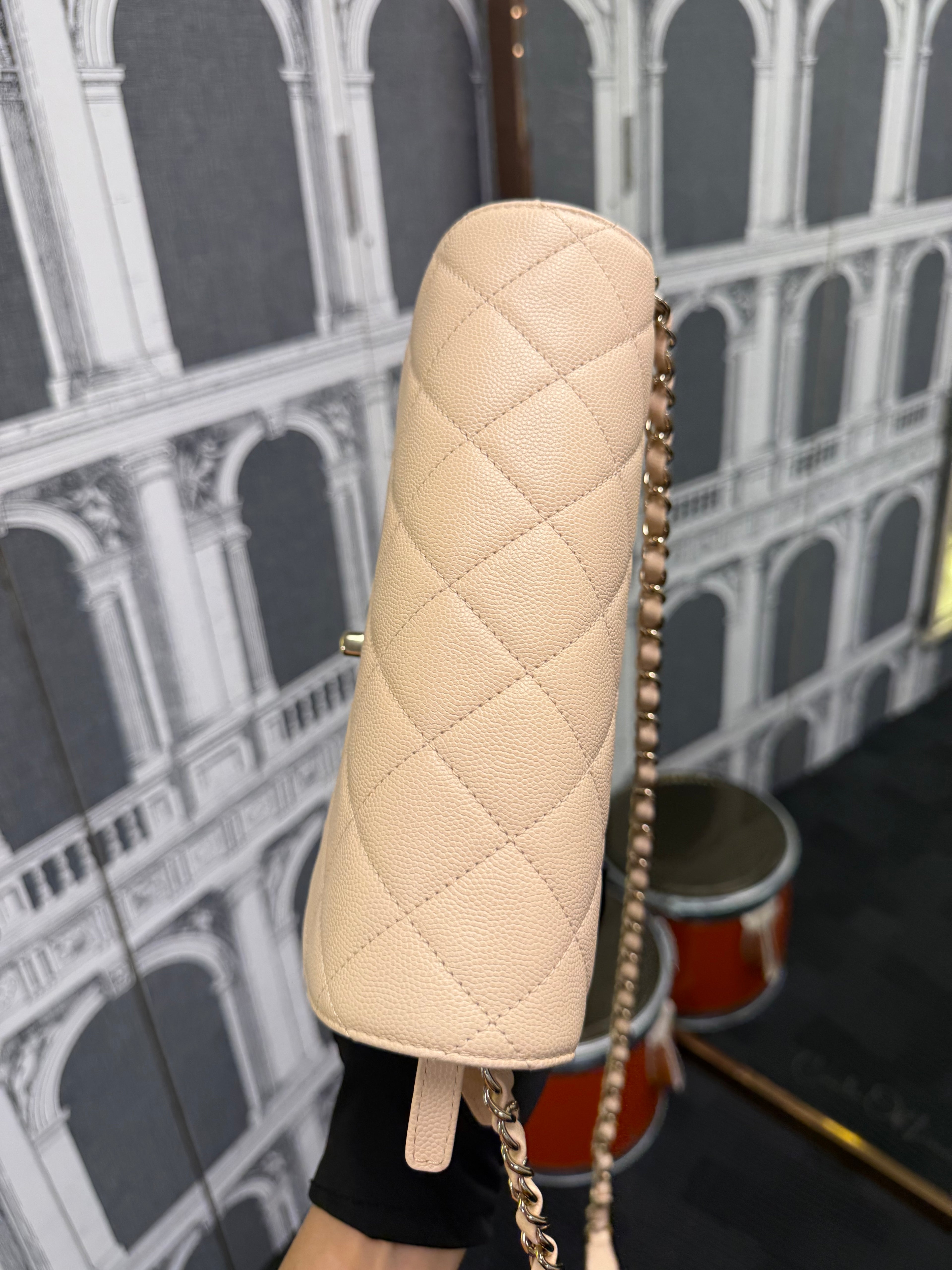 CHANEL LIKE A WALLET LIGHT PINK CAVIAR PALE GOLD HARDWEAR .
