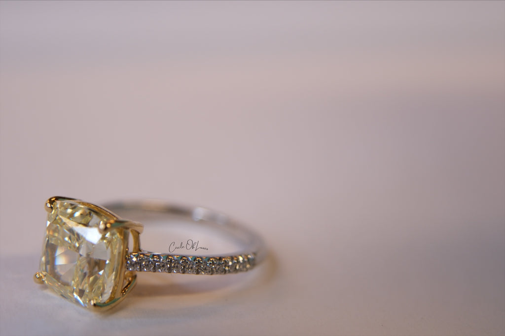 FANCY YELLOW DIAMOND RING WITH PAVE DAMINDS PLATIUM BAND -CONTACT US