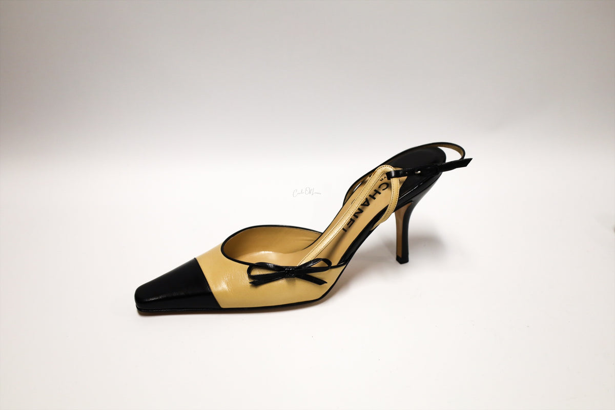 Chanel Two Tone Cap Toe Bow Slingback Pumps Beige & Black