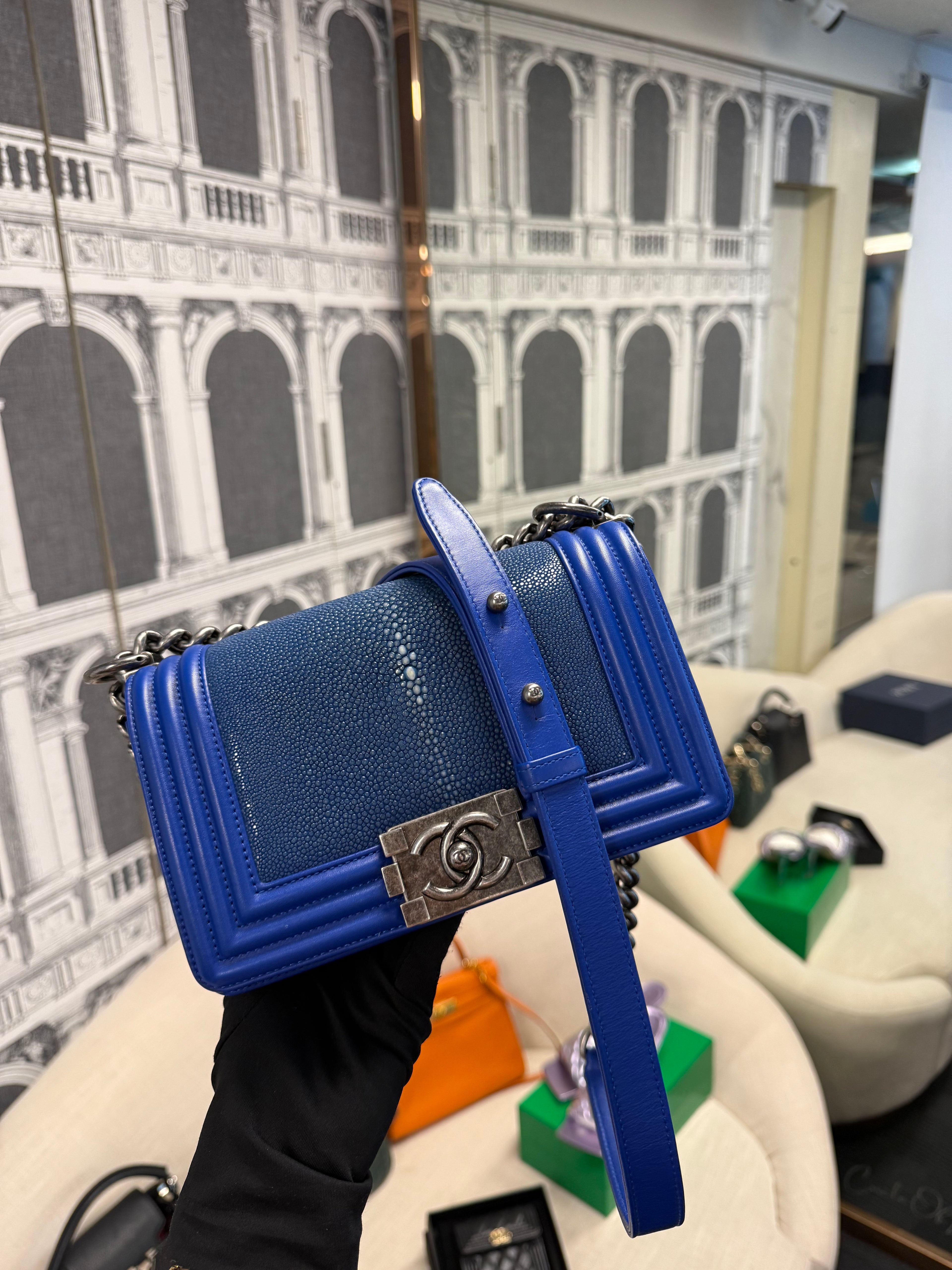 CHANEL SMALL BOY STINGRAY BLUE RHW