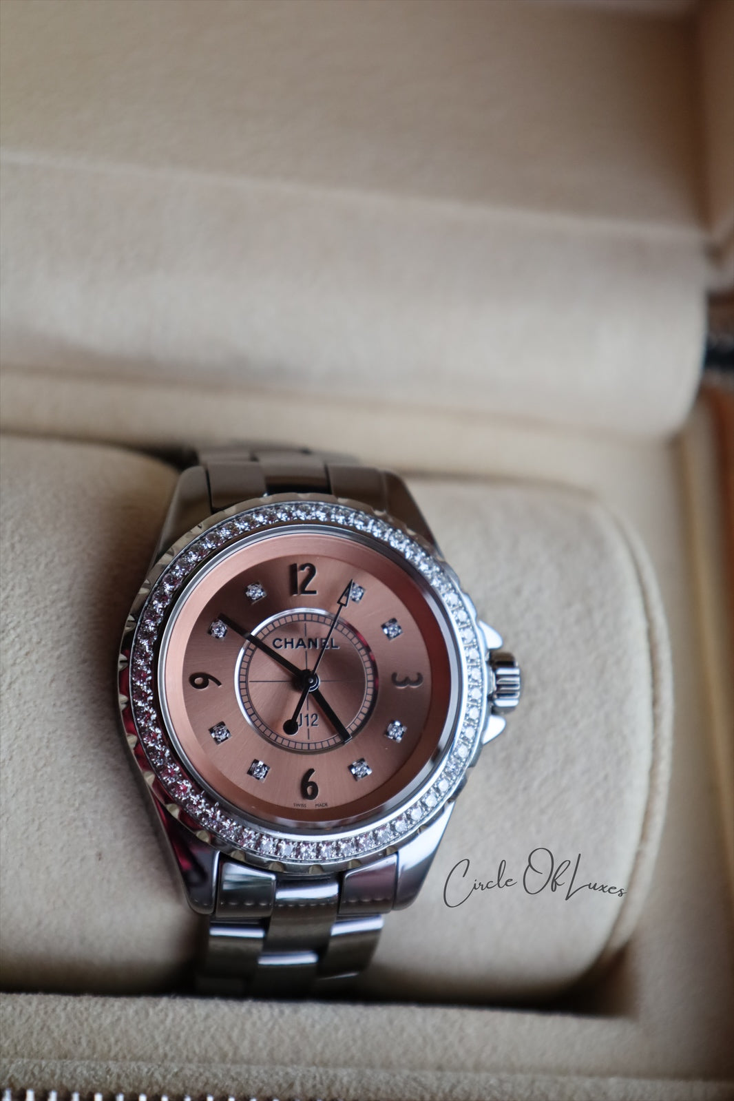 CHANEL J12 CHROMATIC PINK DIAL DIAMOND WATCH 33 MM