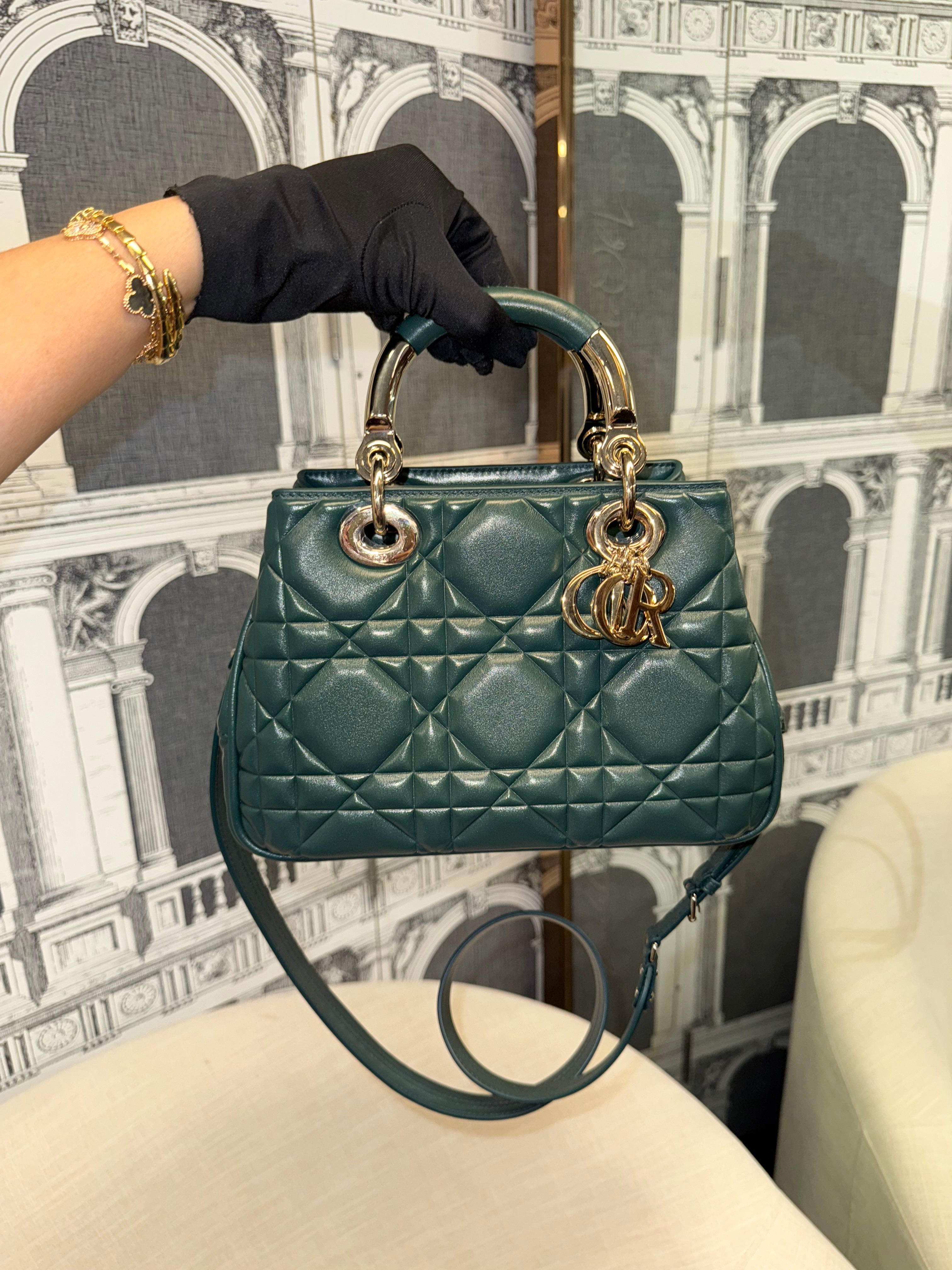 DIOR LADY 95.22 BAG CANNAGE  SMALL DARK GREEN