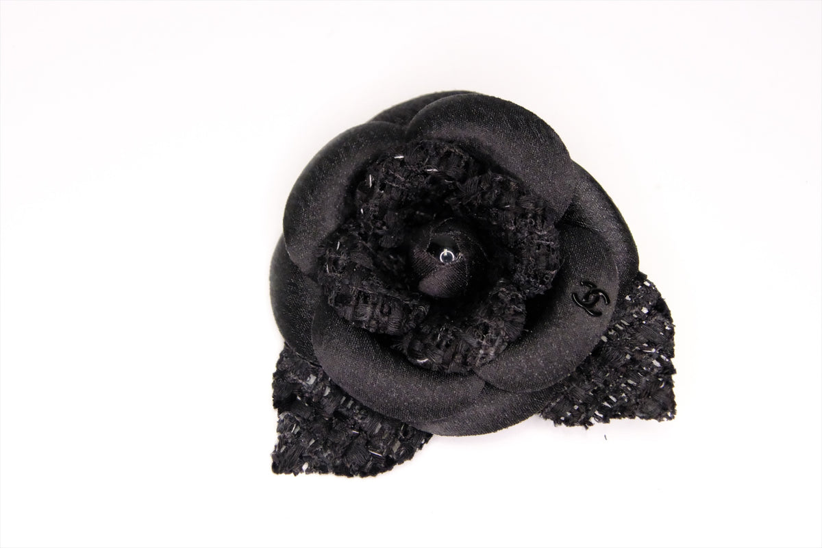 CHANEL CAMELIE BROOCH TWEED BLACK