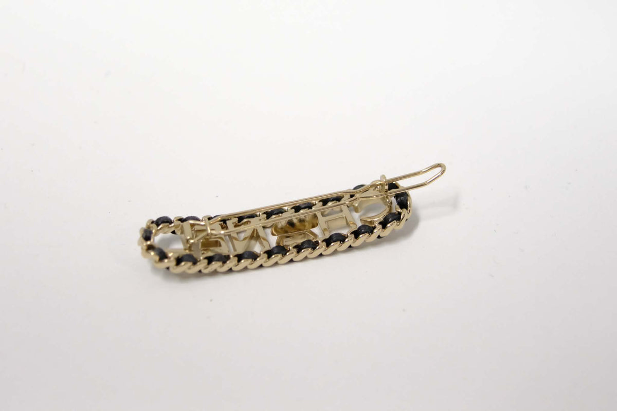 CHANEL BLACK LAMSKIN METAL LETTER BARRETTE HAIRCLIP