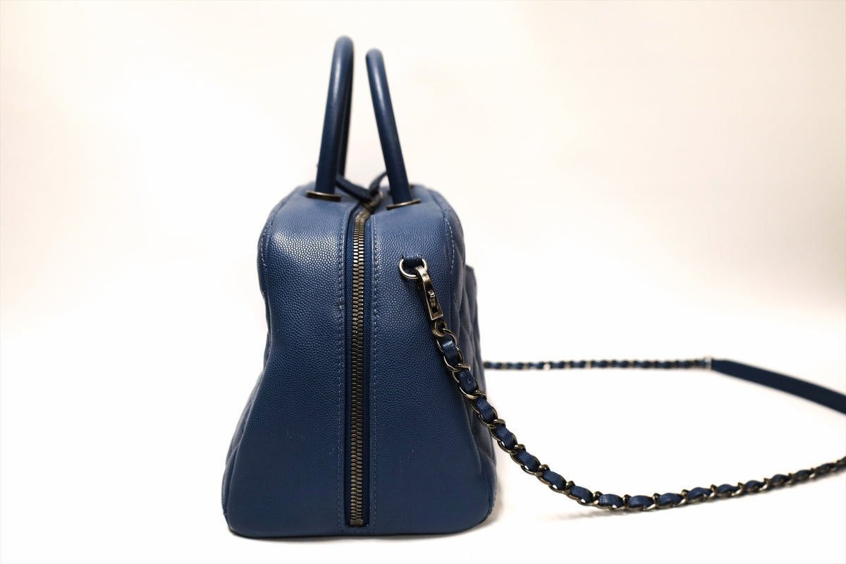 Chanel Quilted Bowling Bag Blue Caviar Leather Rhw