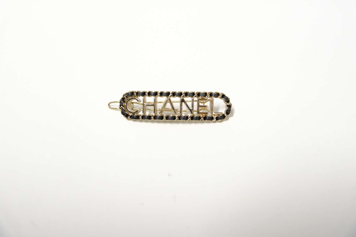 CHANEL BLACK LAMSKIN METAL LETTER BARRETTE HAIRCLIP