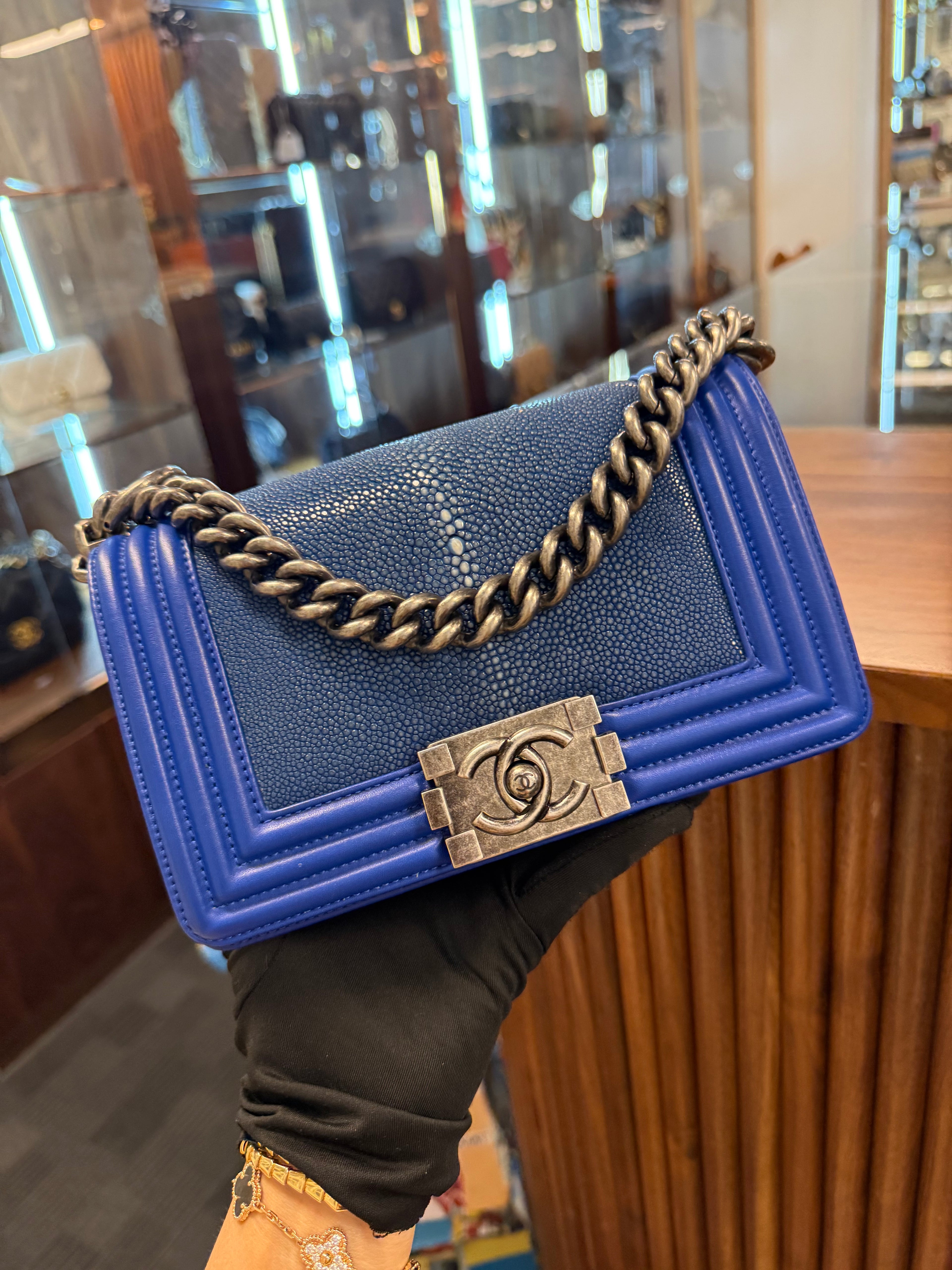 CHANEL SMALL BOY STINGRAY BLUE RHW