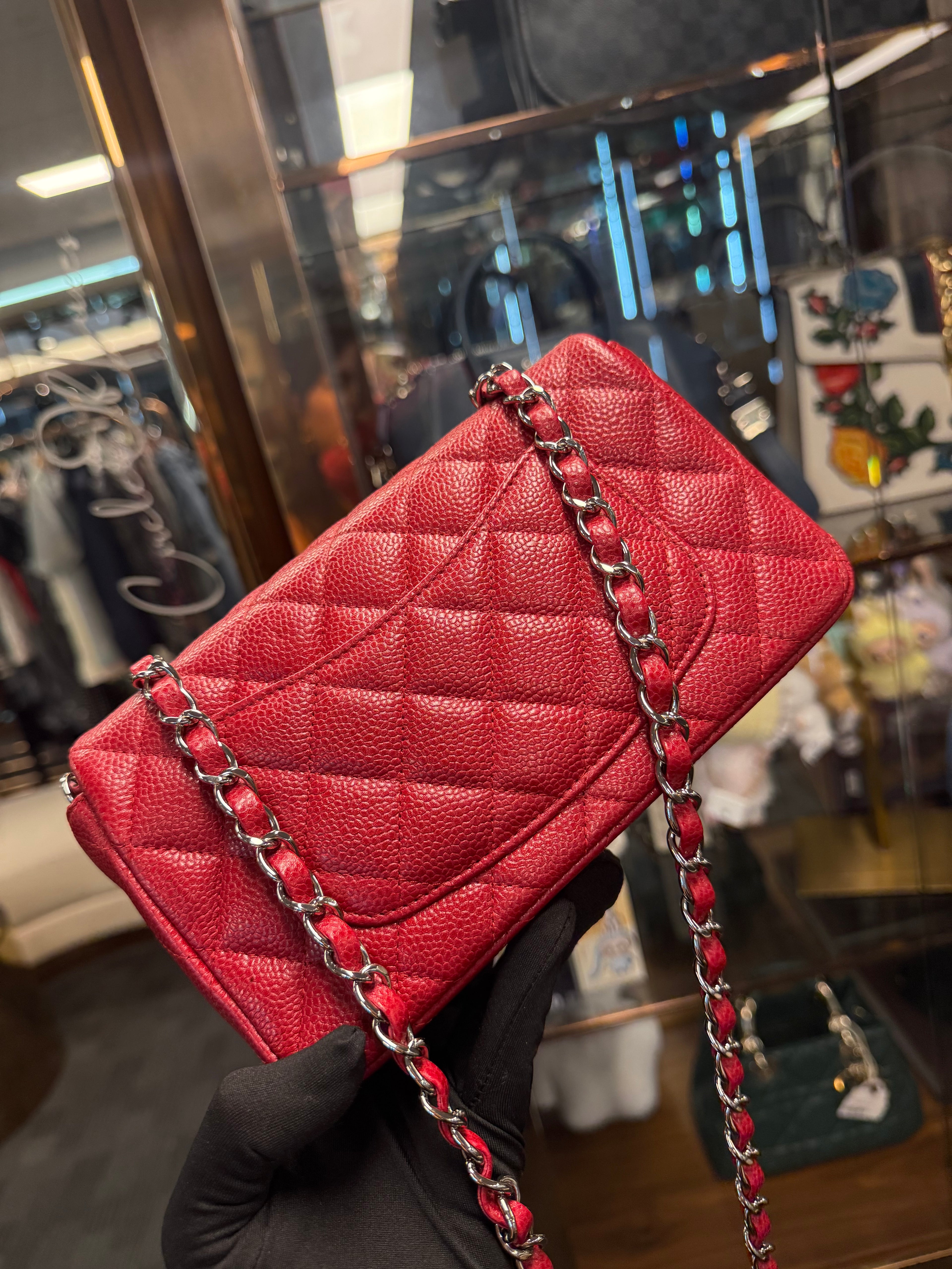 CHANEL 15C  MINI RECTANGLE CAVIAR PEARL RED SHW