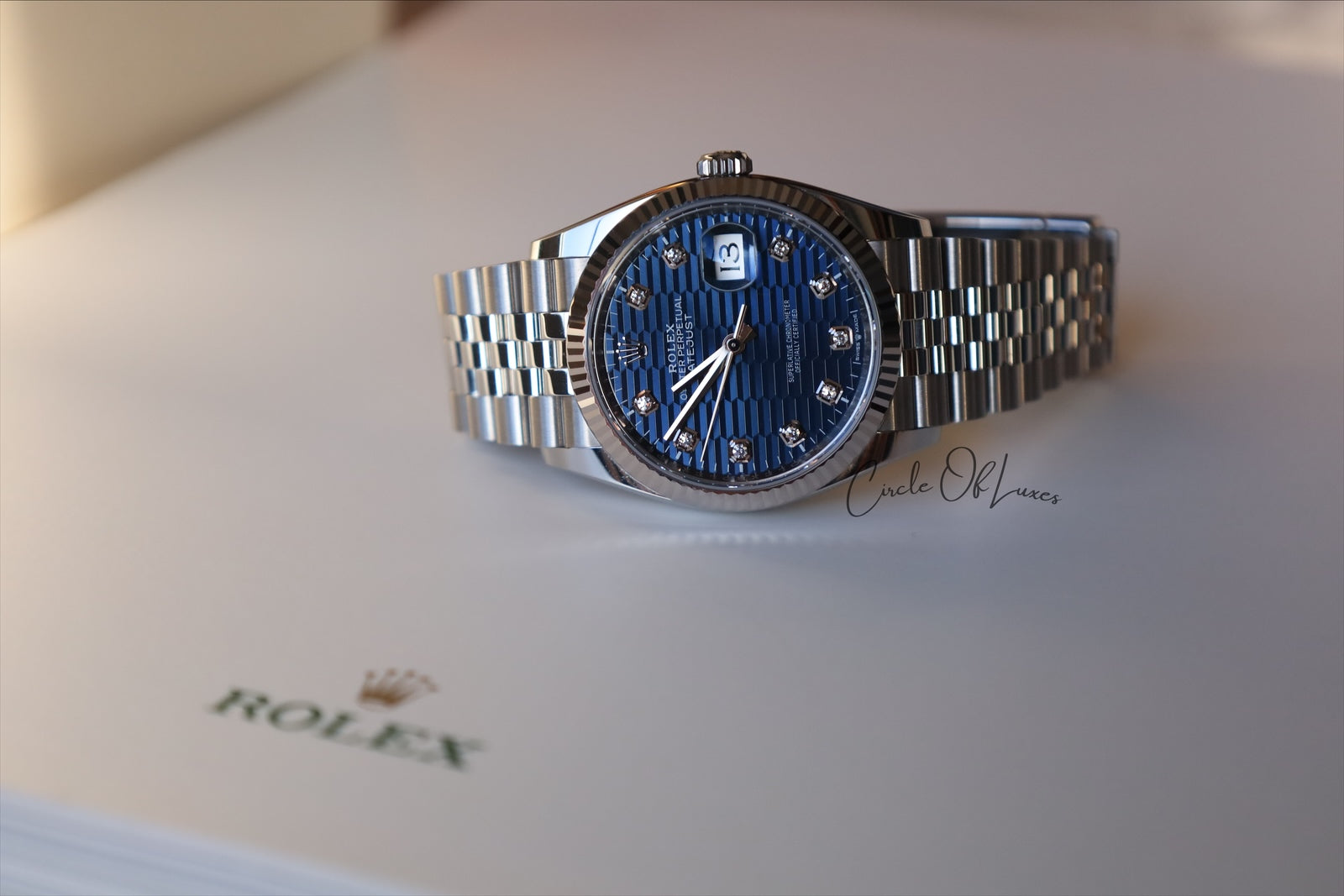 ROLEX DATE JUST 36 OYSTER STEEL BLUE FLUTED MOTIF DIAL