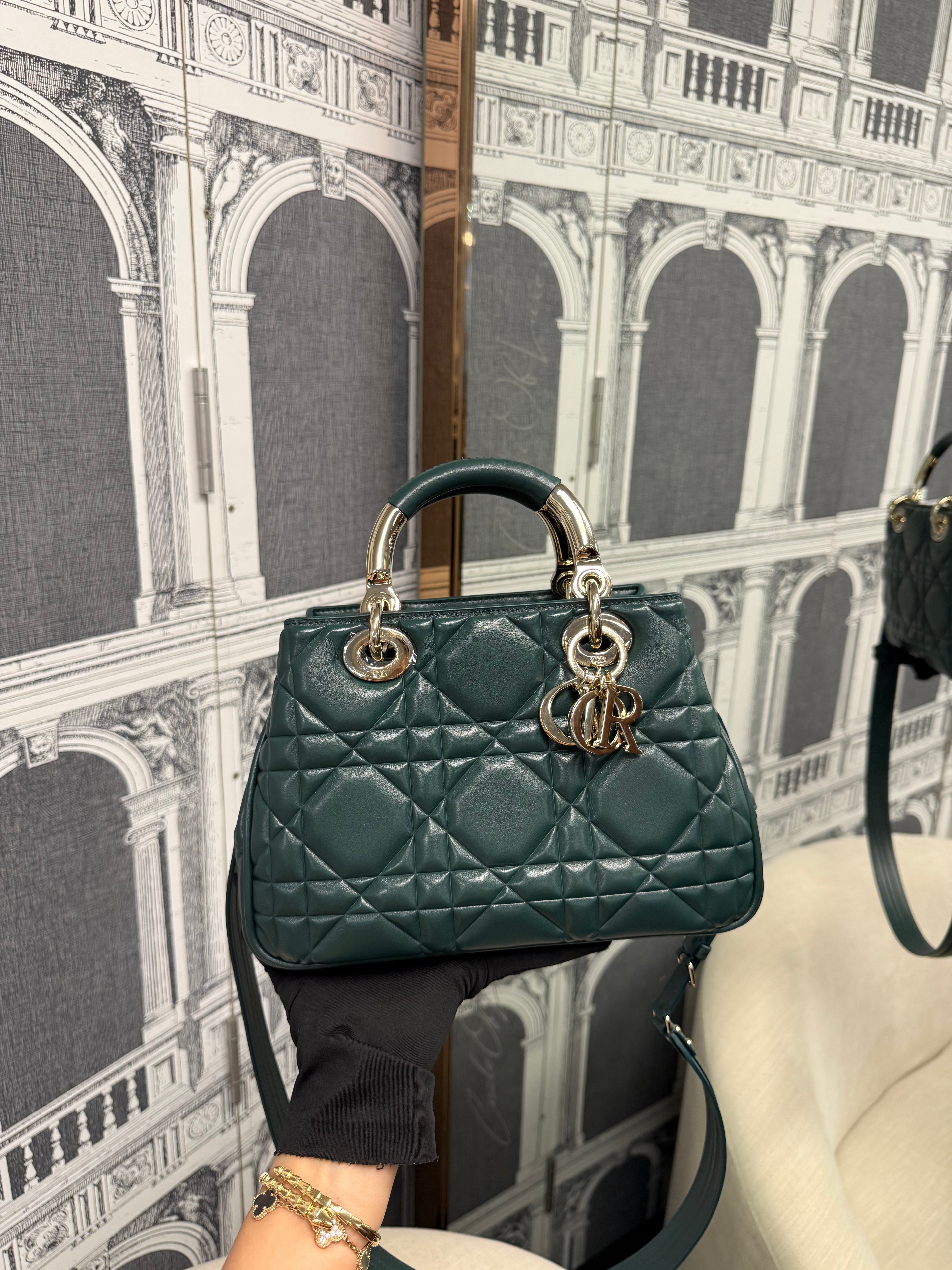 DIOR LADY 95.22 BAG CANNAGE  SMALL DARK GREEN