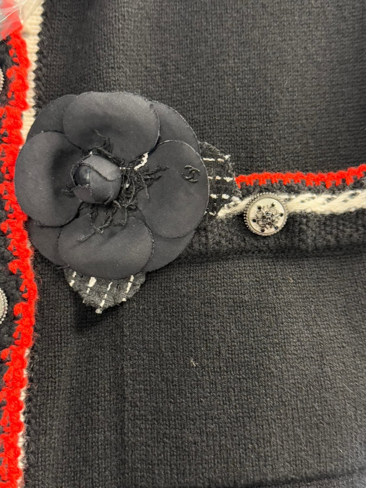 CHANEL BLACK CAMELIA BROOCH