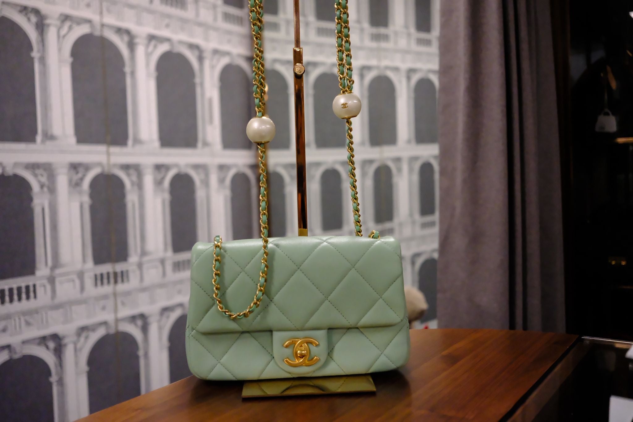 CHANEL MINI GREEN TEA LAMSKIN BAG  PEARL CRUSH