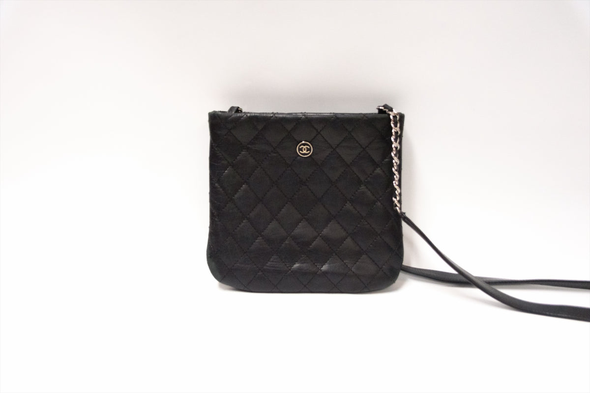 Chanel Quilted Crossbody Bag Black Leather Silver Tone Hardware