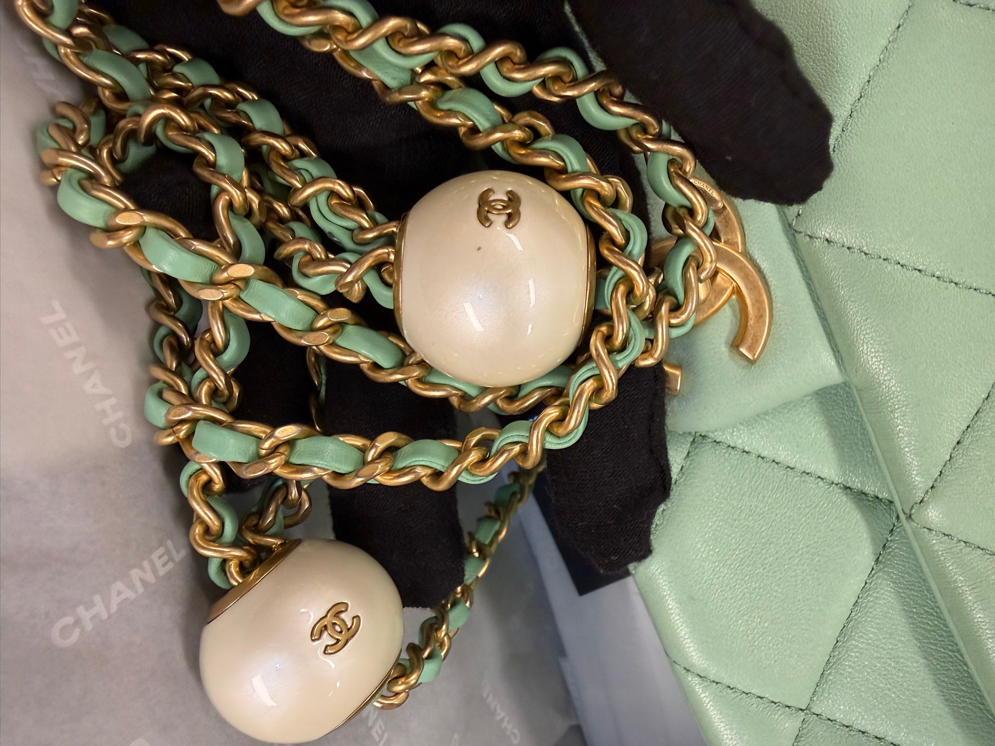 CHANEL MINI GREEN TEA LAMSKIN BAG  PEARL CRUSH