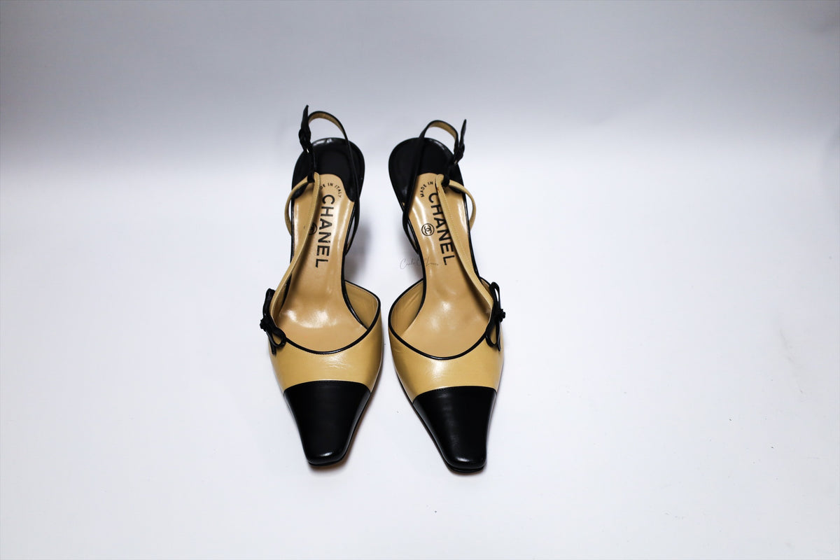 Chanel Two Tone Cap Toe Bow Slingback Pumps Beige & Black