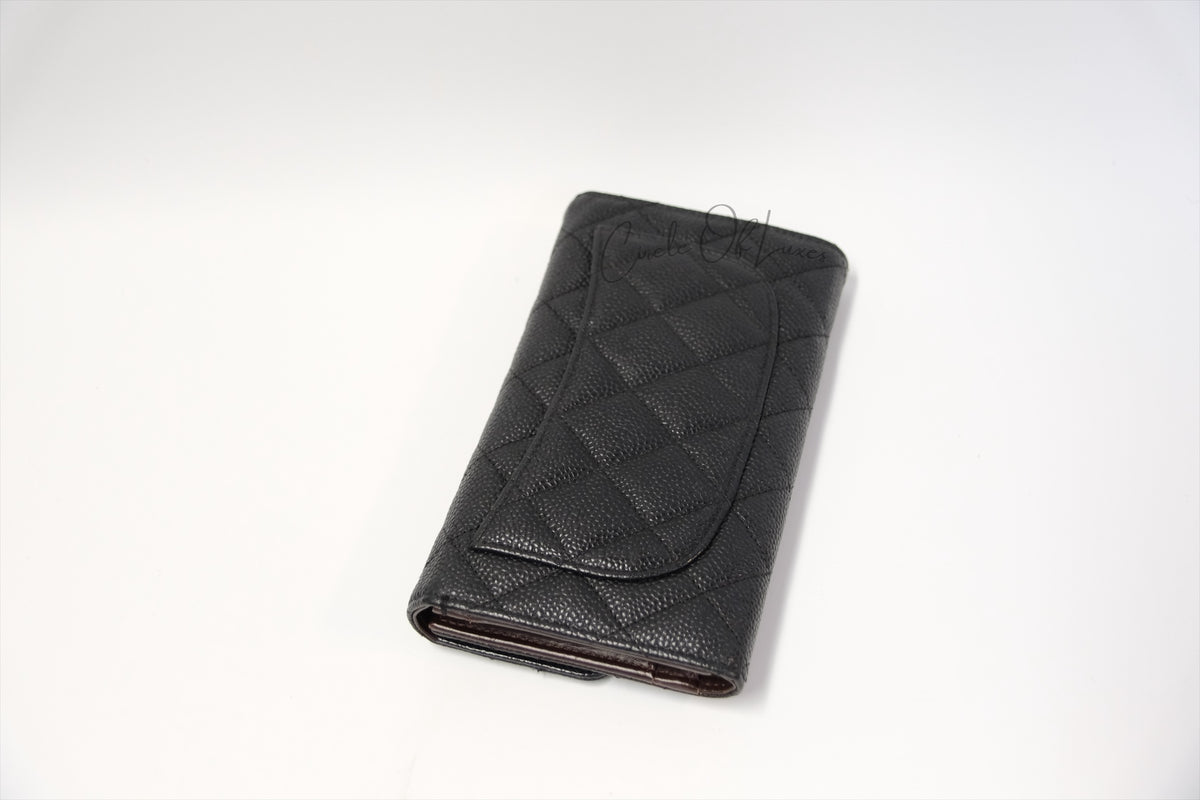 CHANEL TRIFOLD LONG WALLET BLACK CAVIAR GHW
