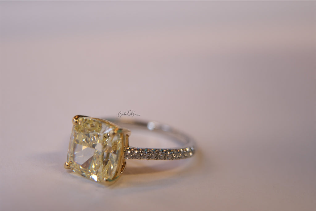 FANCY YELLOW DIAMOND RING WITH PAVE DAMINDS PLATIUM BAND -CONTACT US