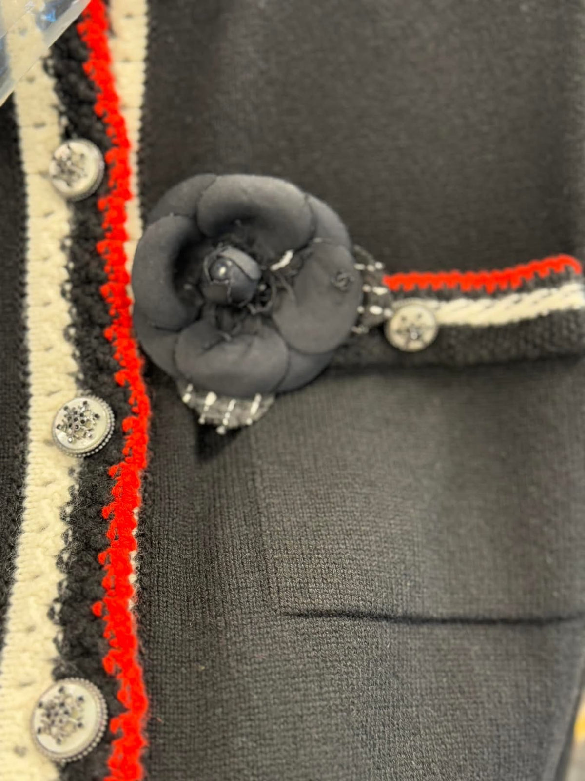 CHANEL BLACK CAMELIA BROOCH