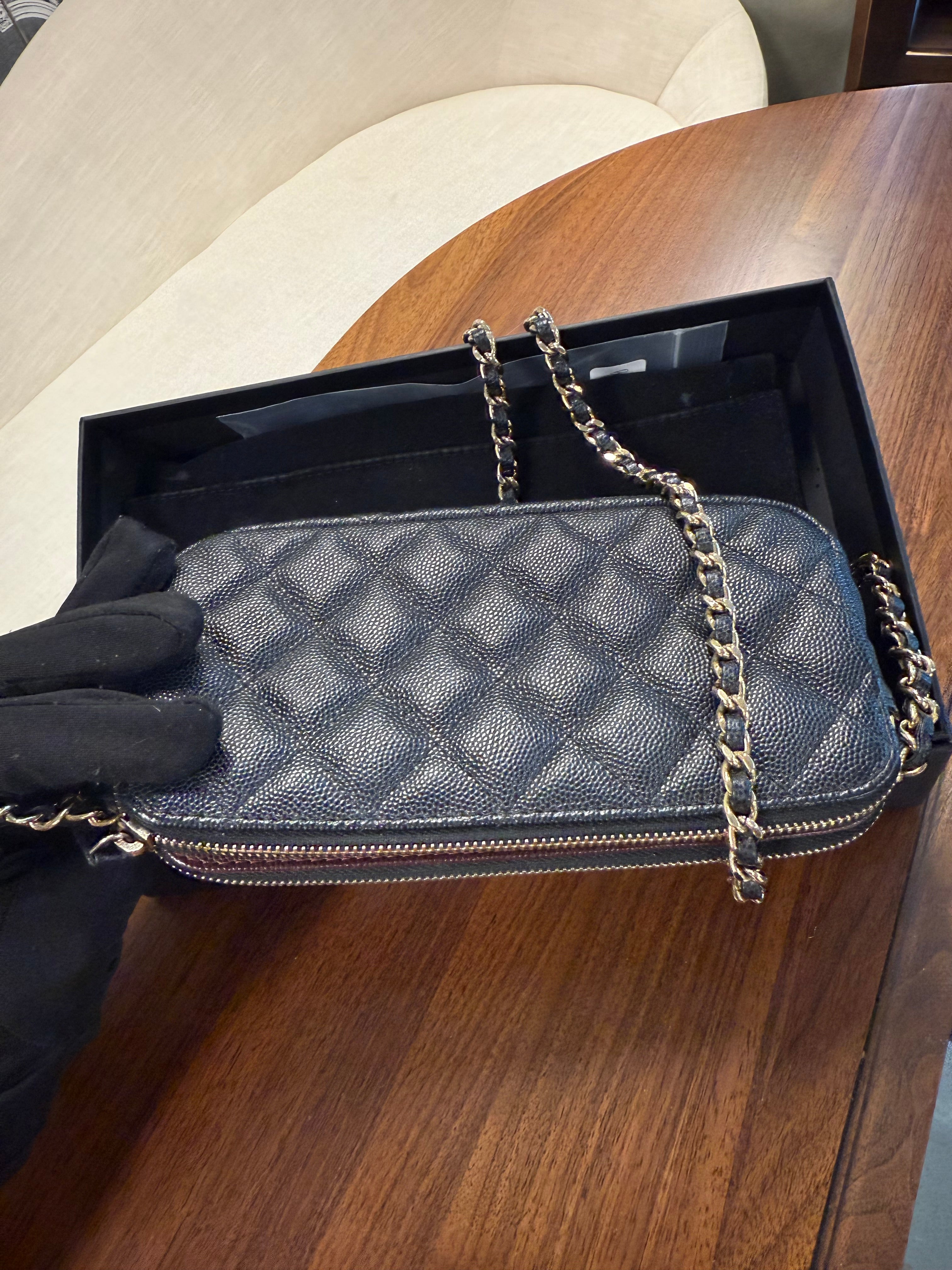 CHANEL DOUBLE BLACK WALLET CAVIAR GHW