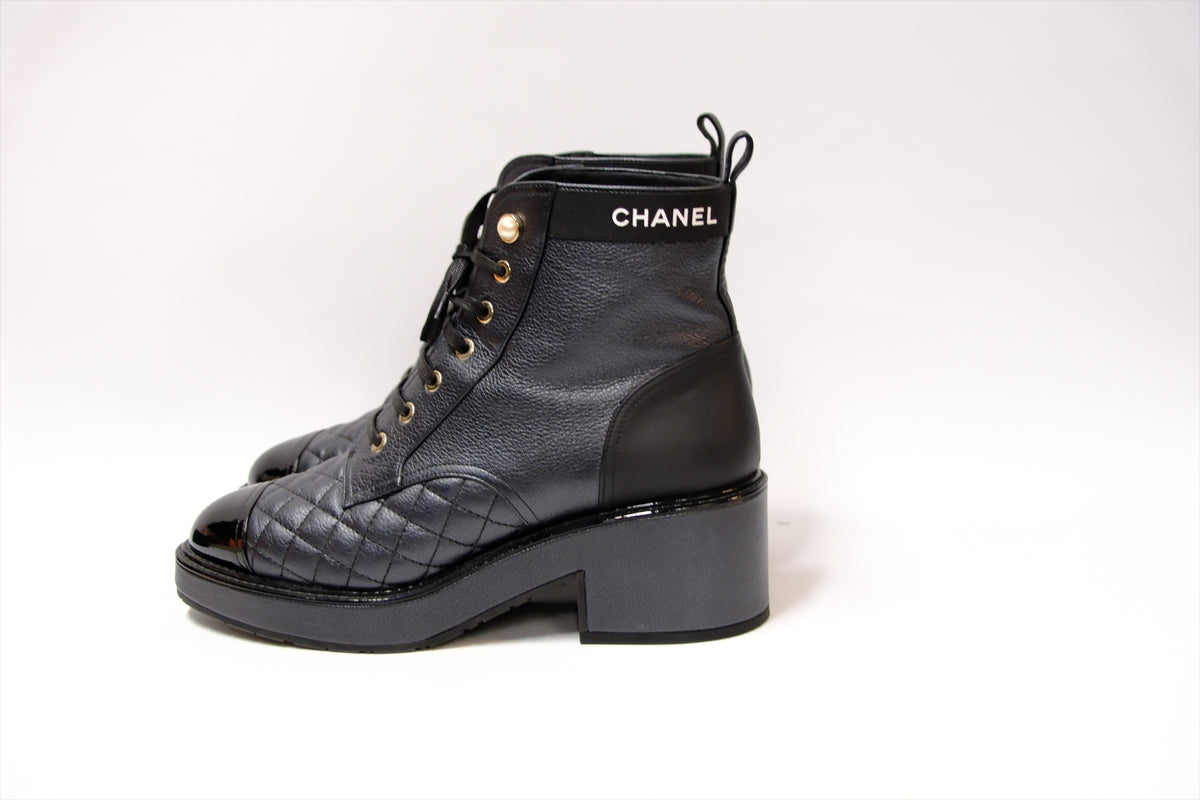CHANEL 40C BLACK COMBAT BOOTS