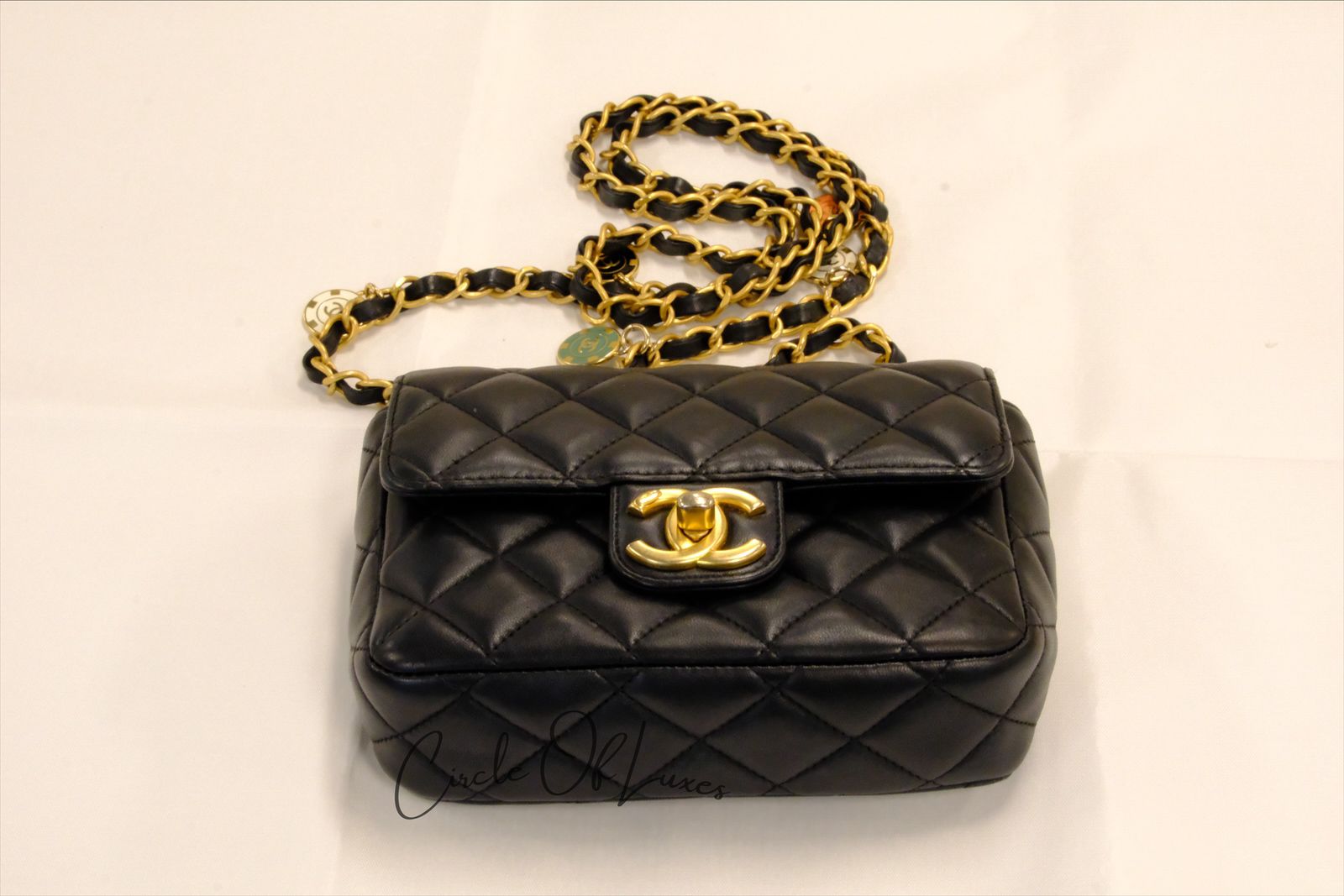 CHANEL 23C BLACK MINI SQUARE LAMSKIN CHARM COIN