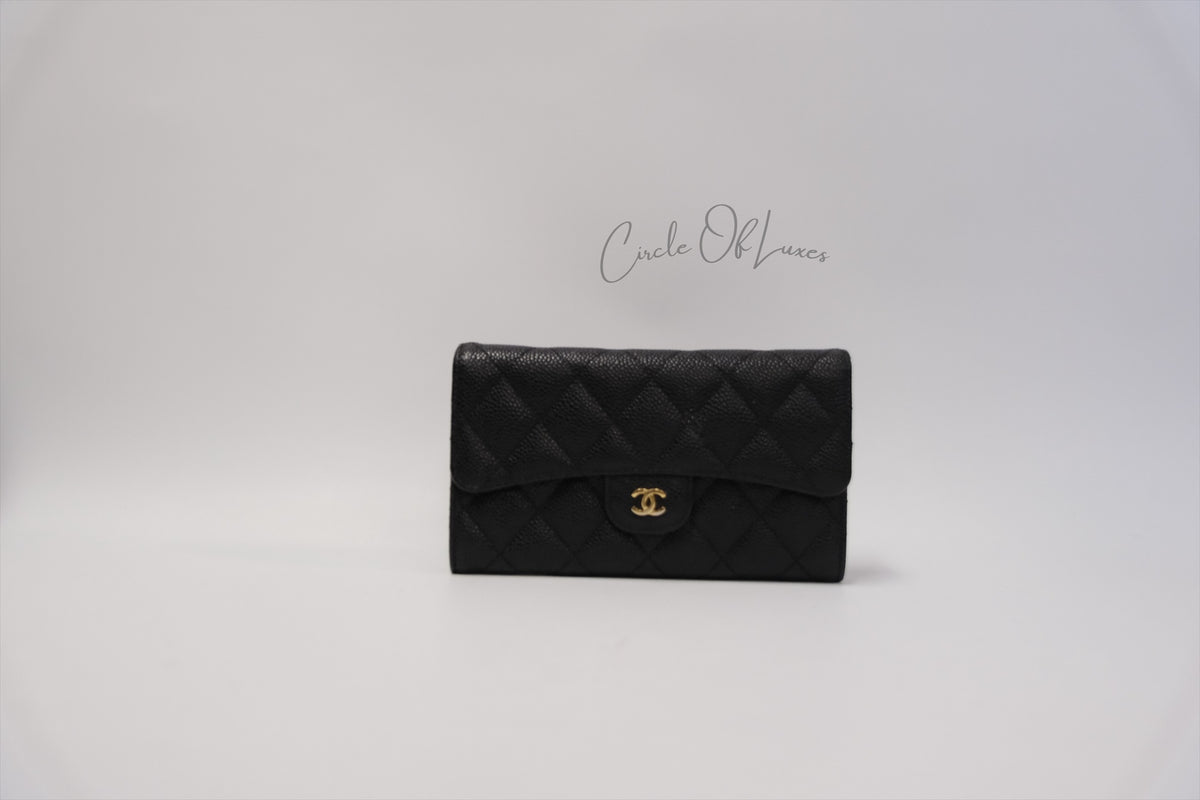 CHANEL TRIFOLD LONG WALLET BLACK CAVIAR GHW