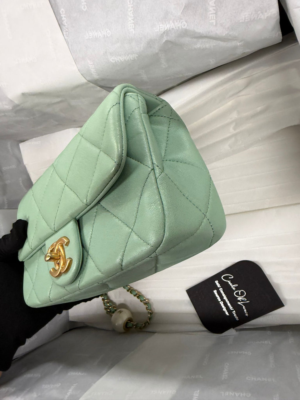 CHANEL MINI GREEN TEA LAMSKIN BAG  PEARL CRUSH