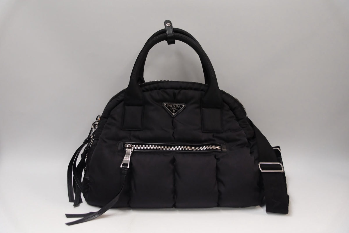 Prada Padded black Nylon Dome Satchel Black & Silver Tone Hardware