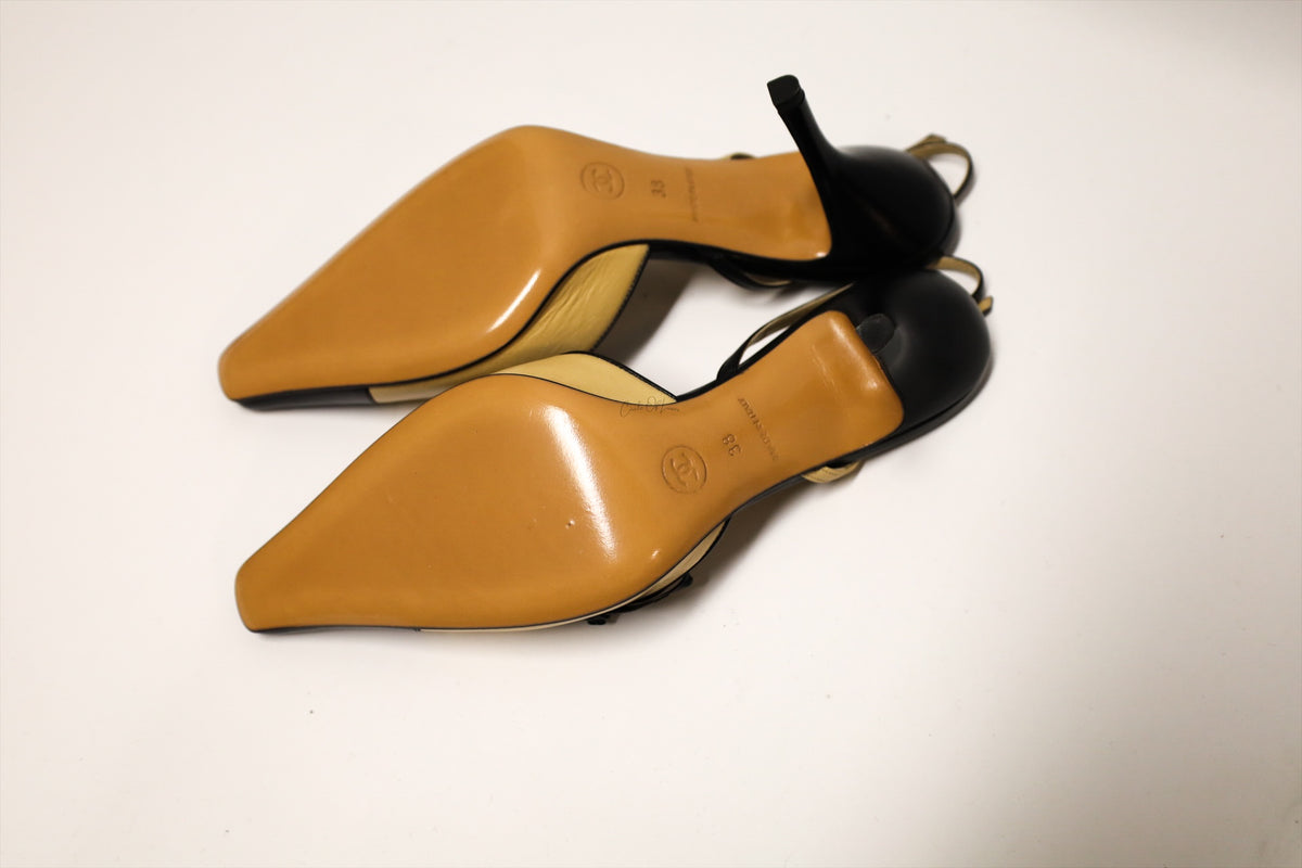 Chanel Two Tone Cap Toe Bow Slingback Pumps Beige & Black