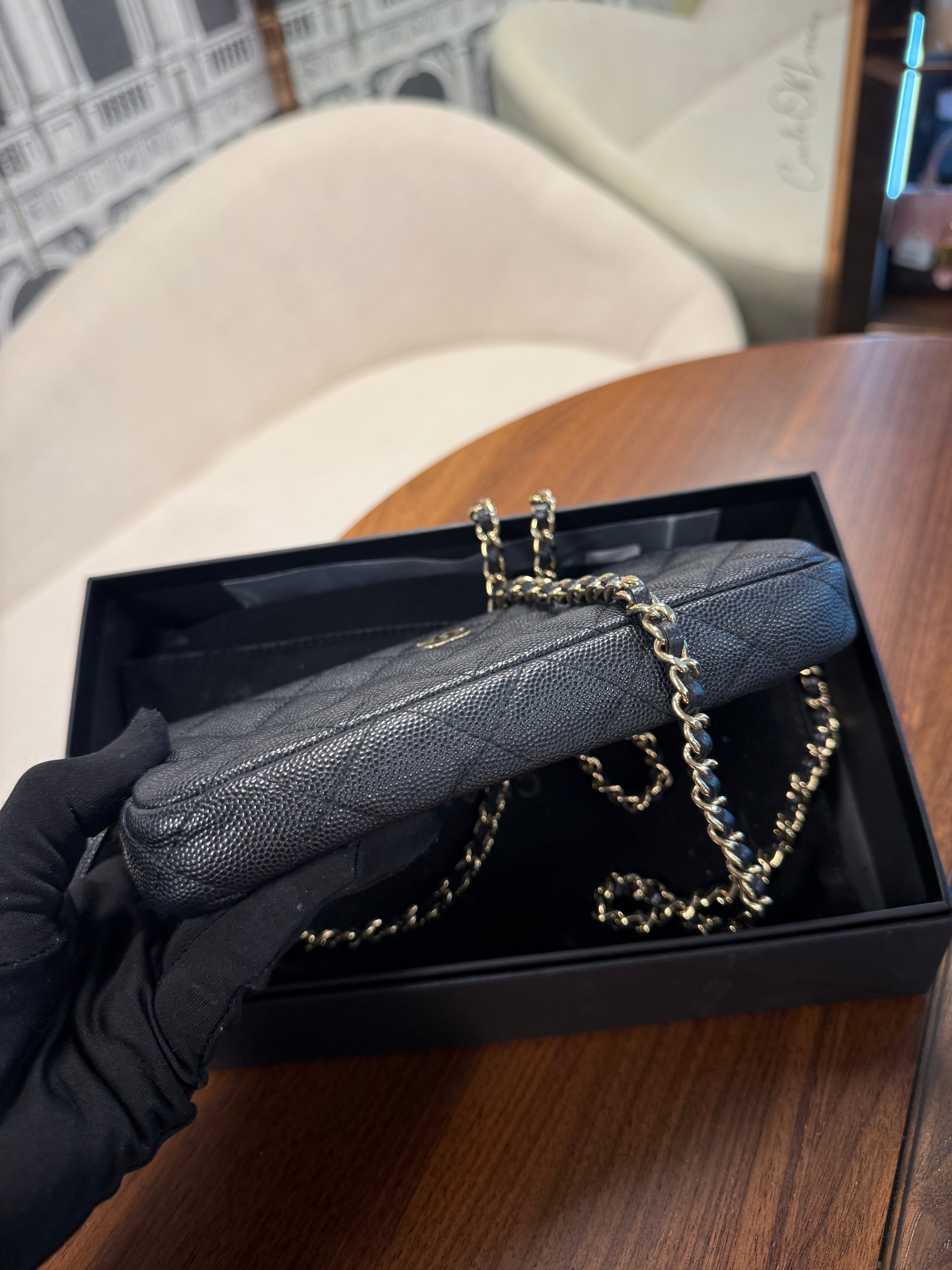 CHANEL DOUBLE BLACK WALLET CAVIAR GHW