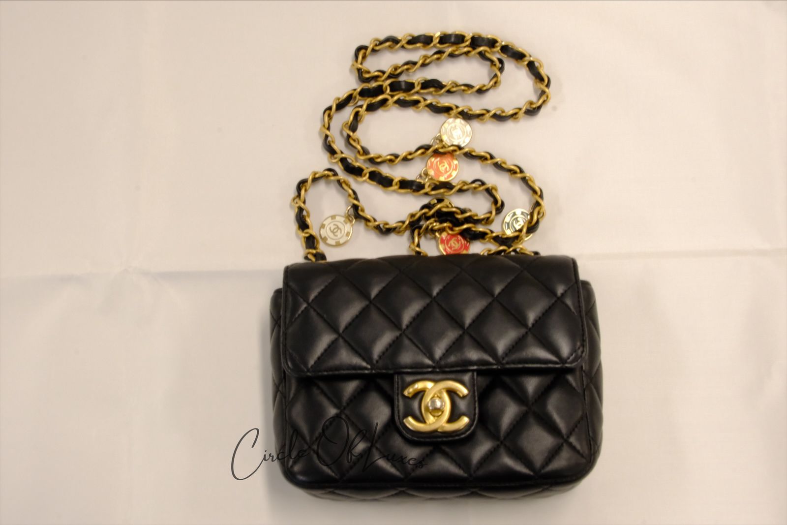 CHANEL 23C BLACK MINI SQUARE LAMSKIN CHARM COIN