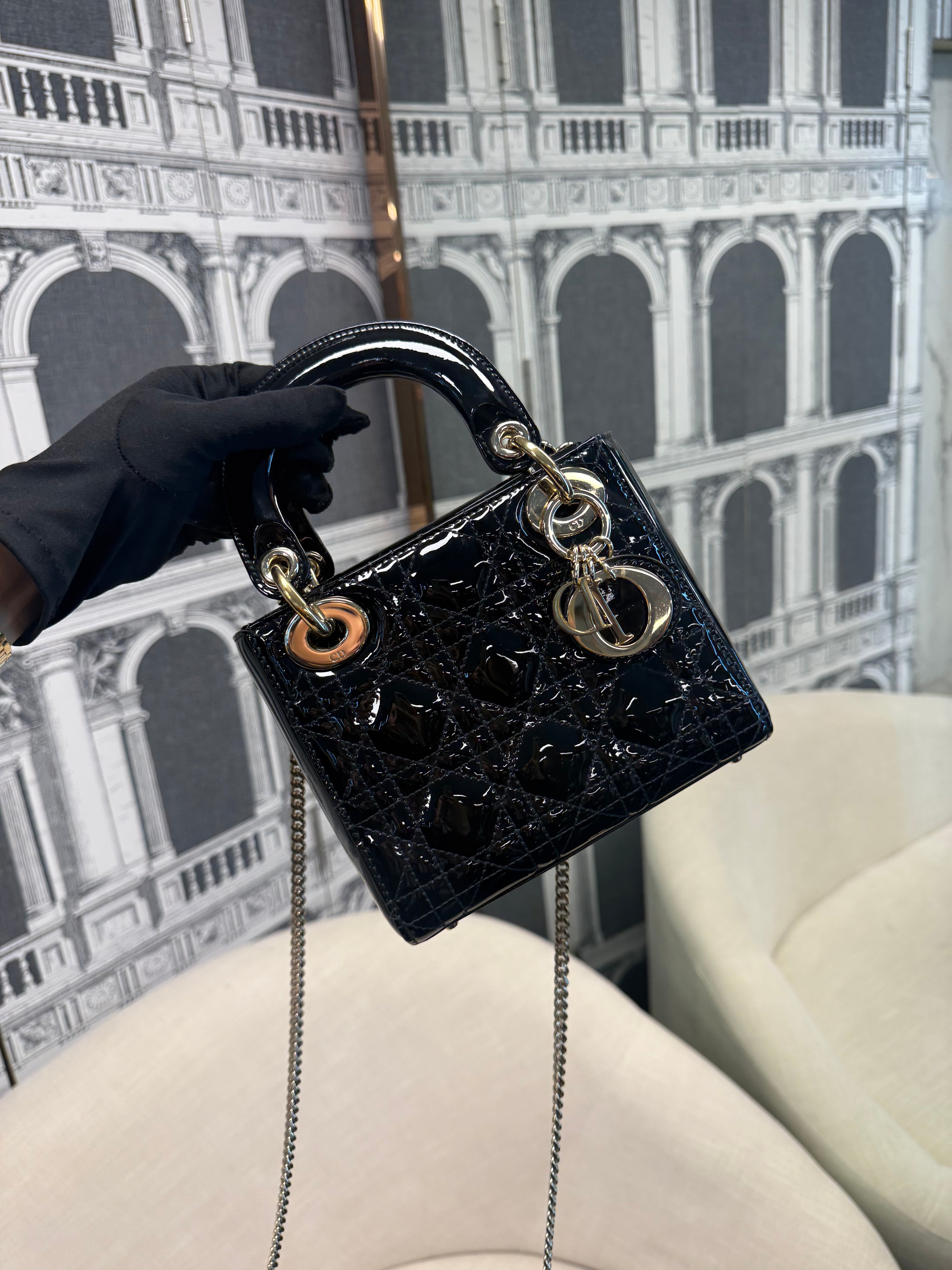 LADY DIOR MINI BLACK PATTERN GHW