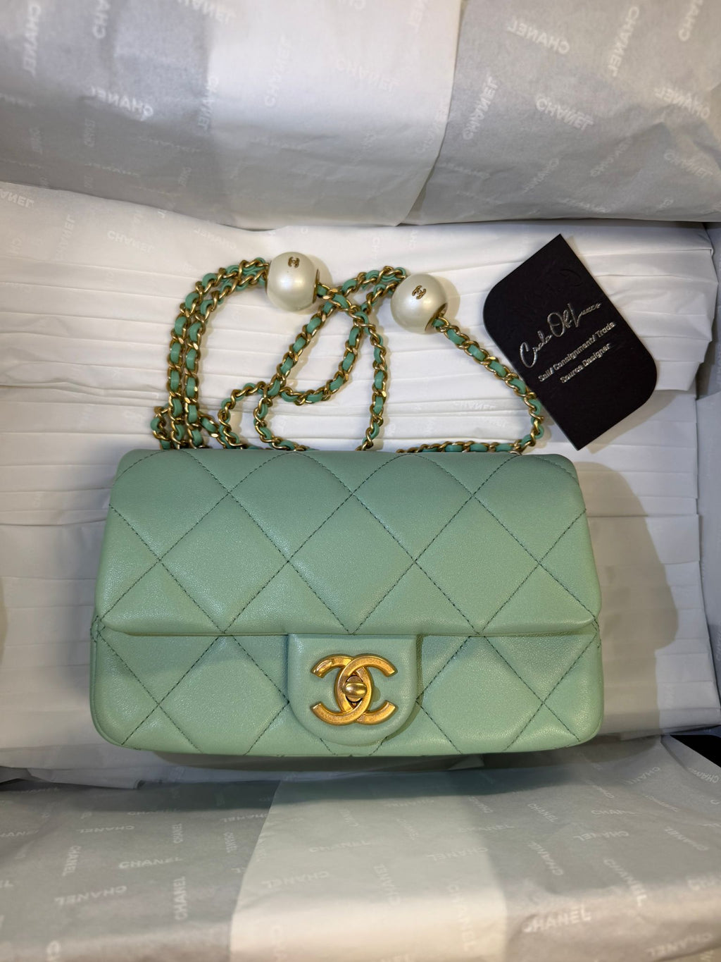 CHANEL MINI GREEN TEA LAMSKIN BAG  PEARL CRUSH