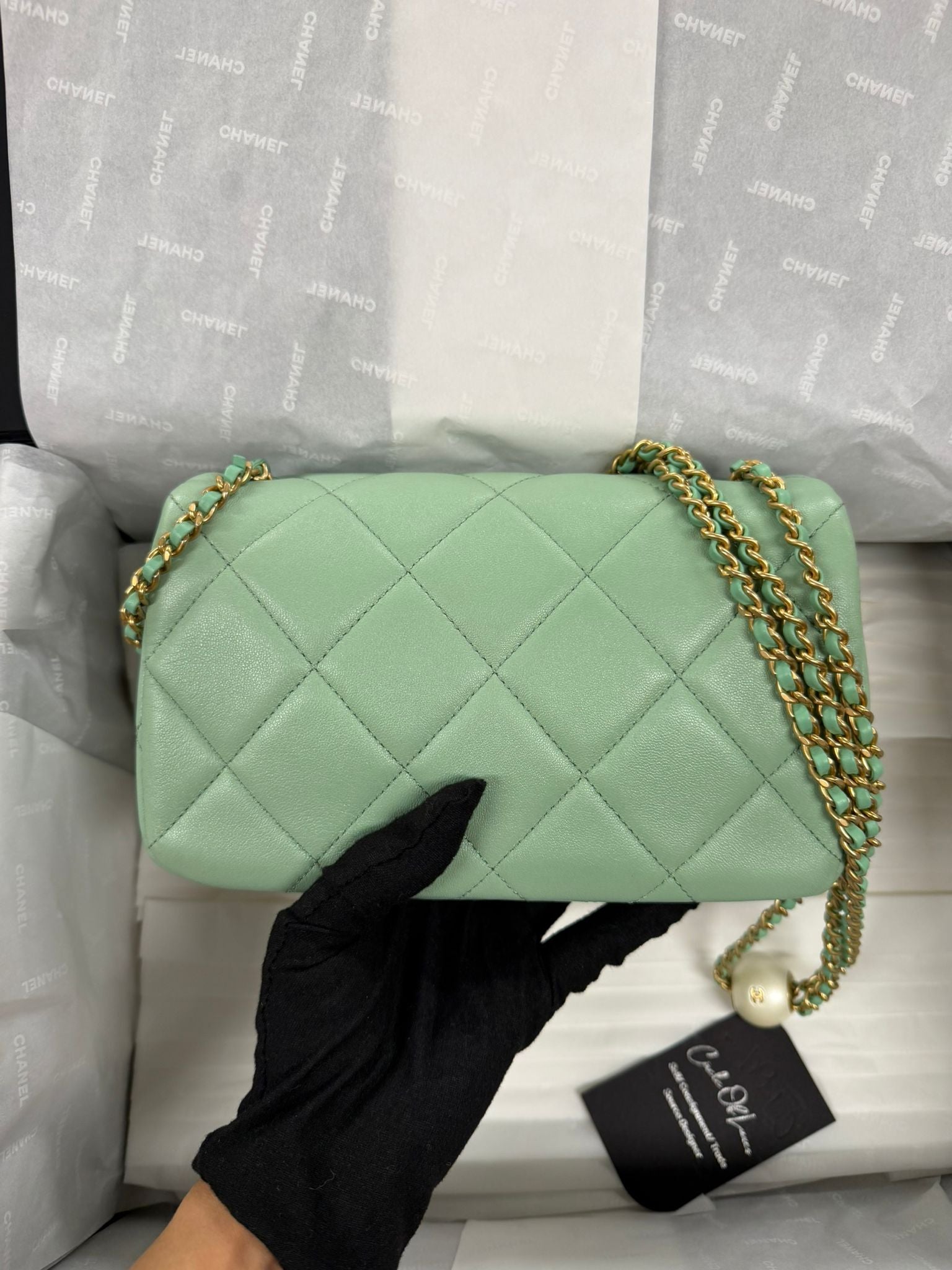 CHANEL MINI GREEN TEA LAMSKIN BAG  PEARL CRUSH