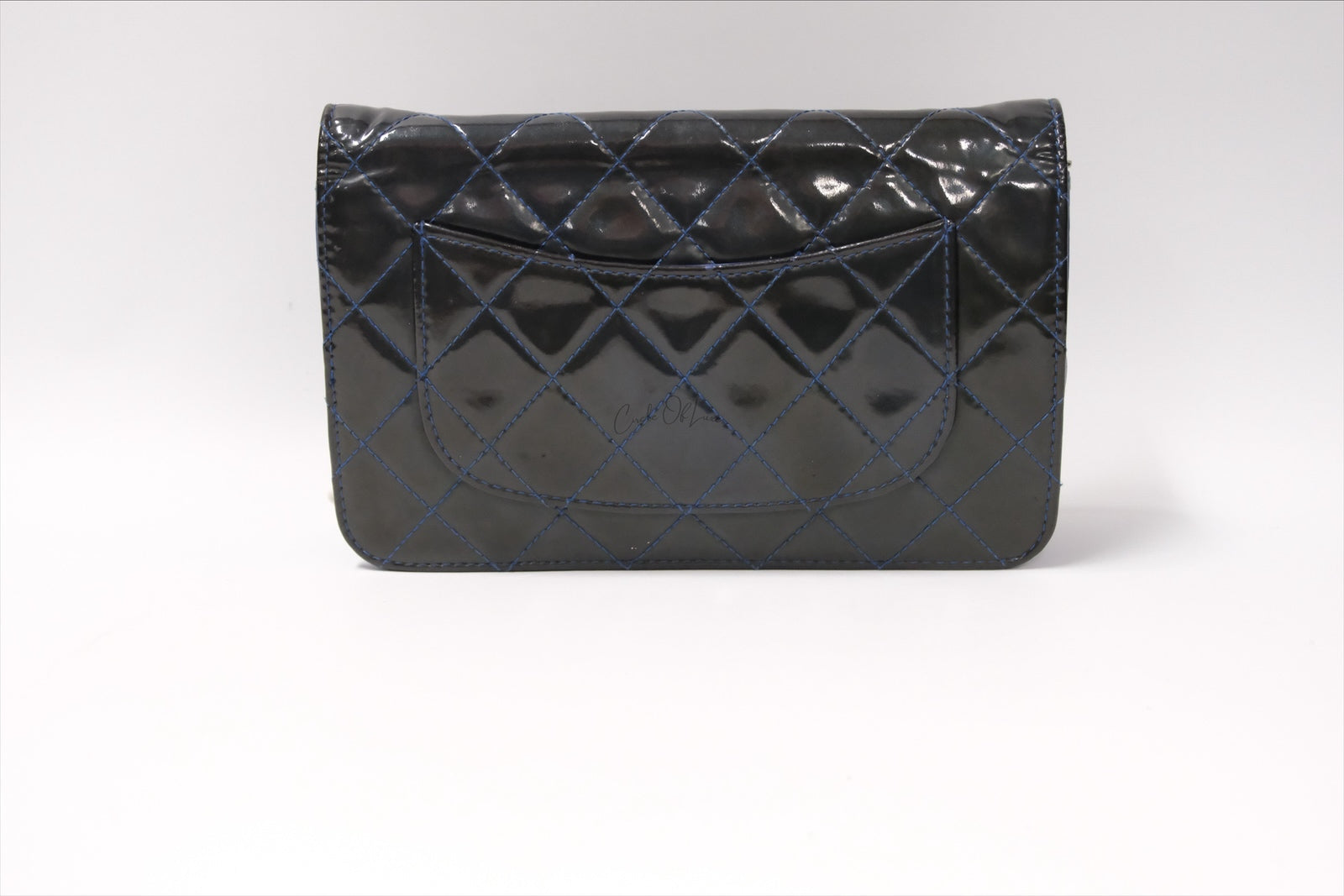 CHANEL BLUE PATENT BLUE WALLET ON CHAIN SHW