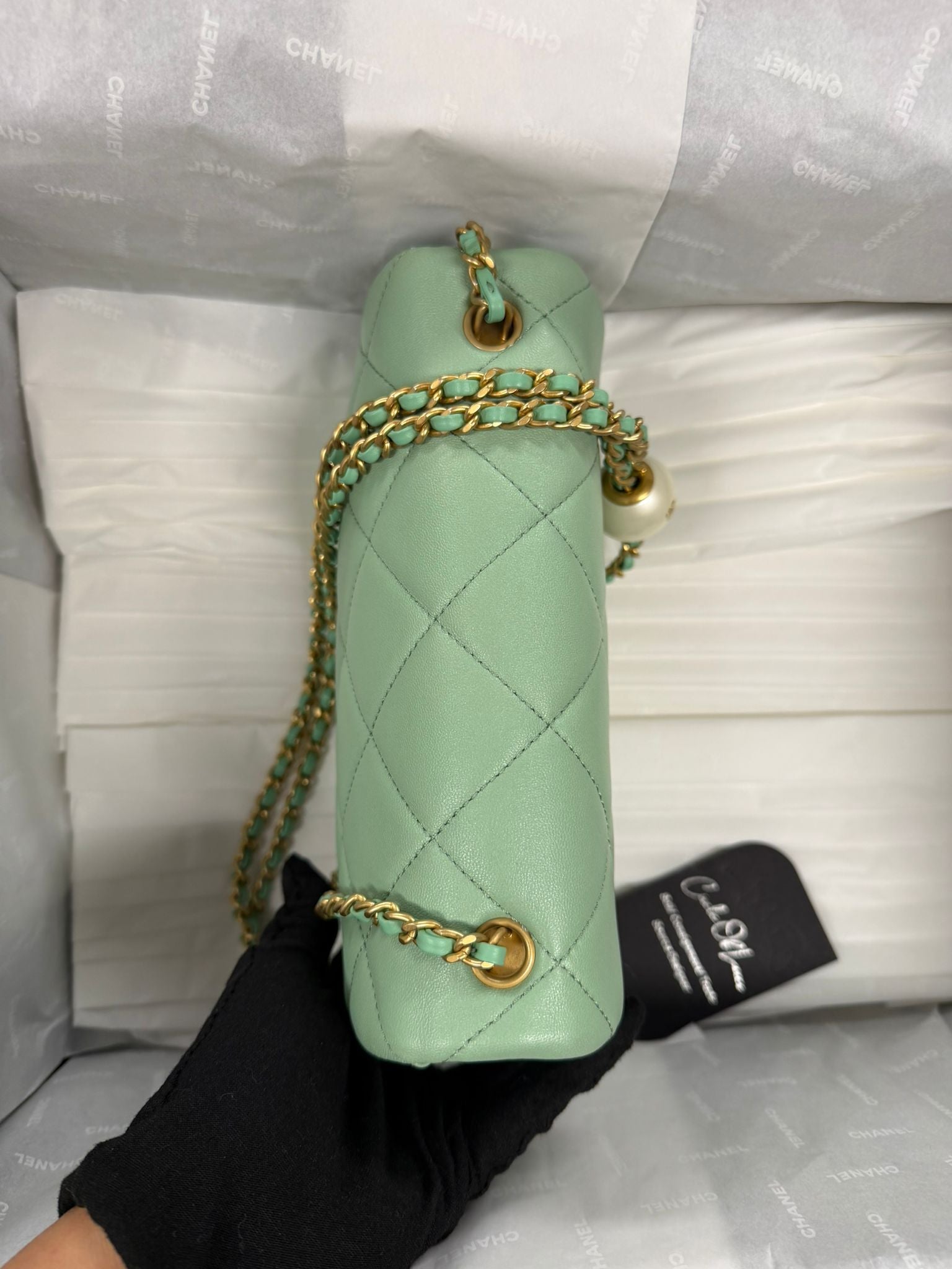 CHANEL MINI GREEN TEA LAMSKIN BAG  PEARL CRUSH