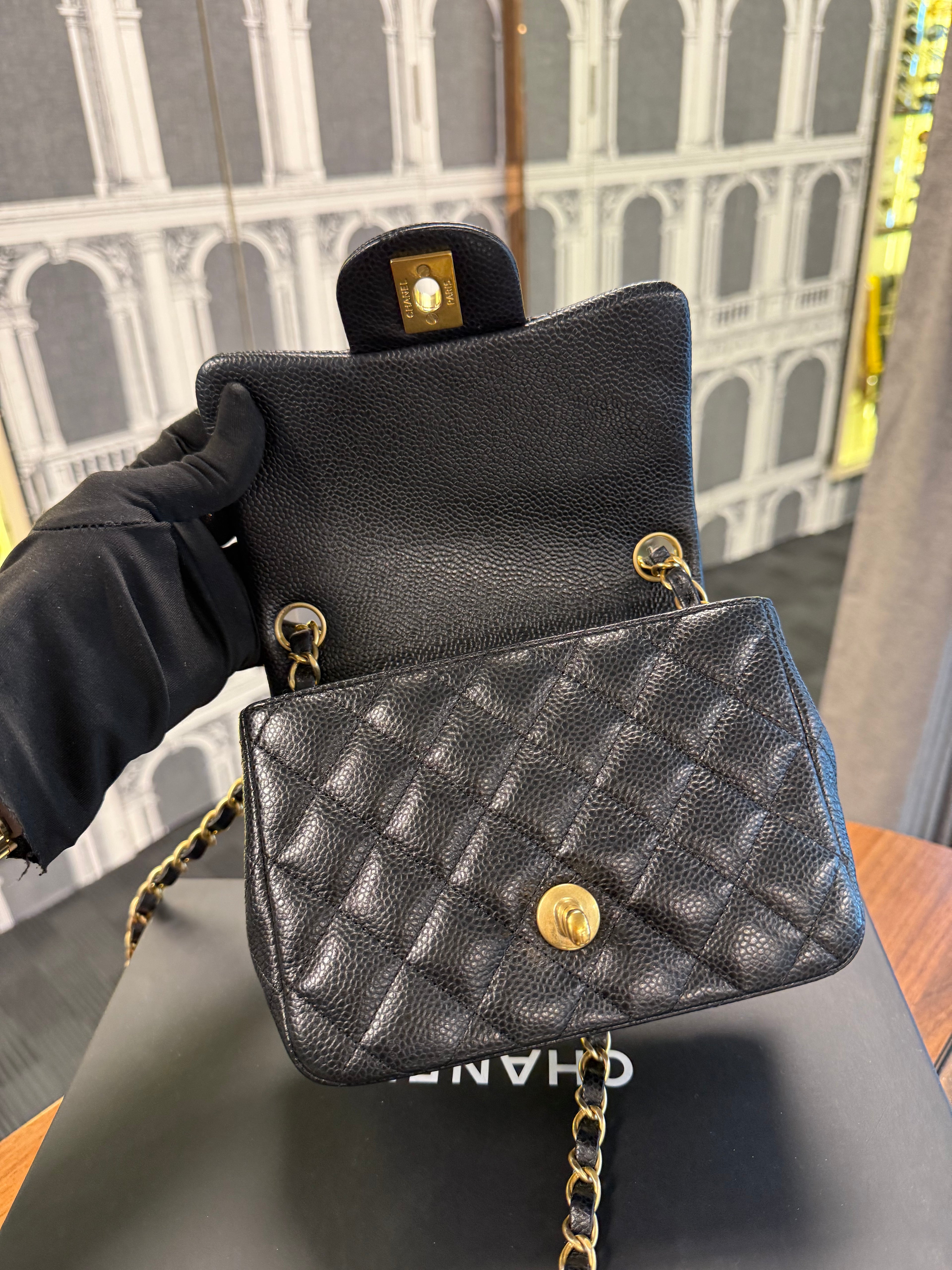CHANEL MINI SQUARE BLACK CAVIAR GHW