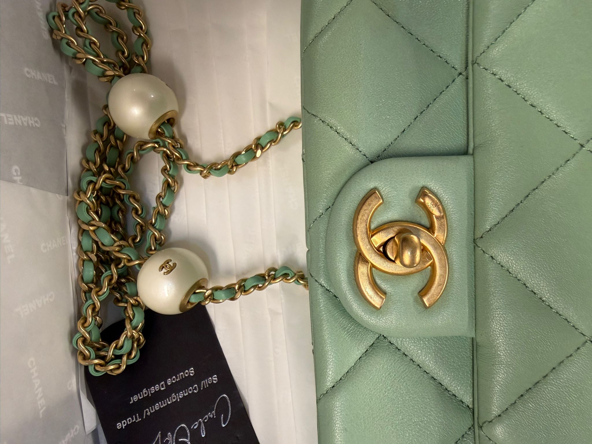 CHANEL MINI GREEN TEA LAMSKIN BAG  PEARL CRUSH
