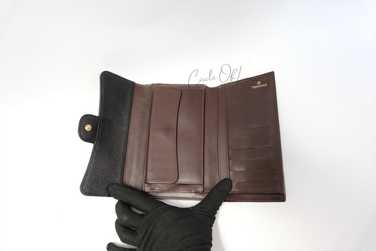 CHANEL TRIFOLD LONG WALLET BLACK CAVIAR GHW