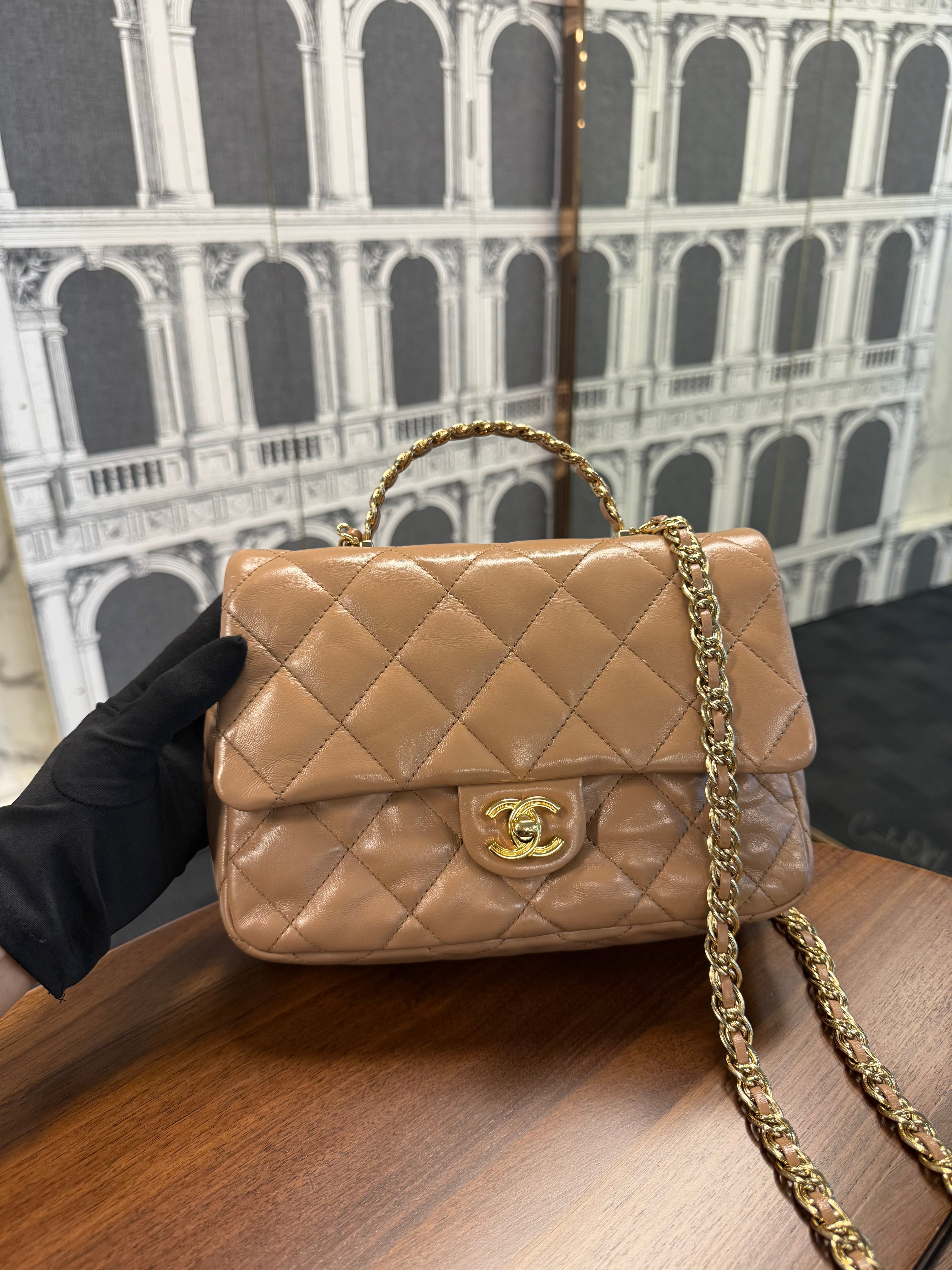 CHANEL 24B FLAP THICK CHAIN HANDLE  MILK TEA APRICOT GHW