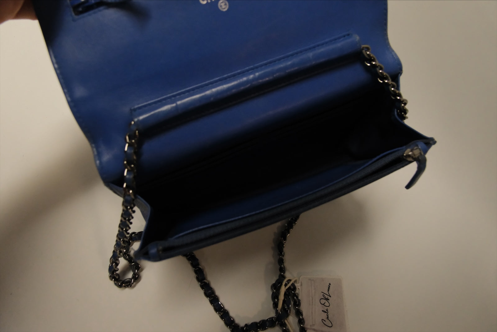 CHANEL BLUE PATENT BLUE WALLET ON CHAIN SHW