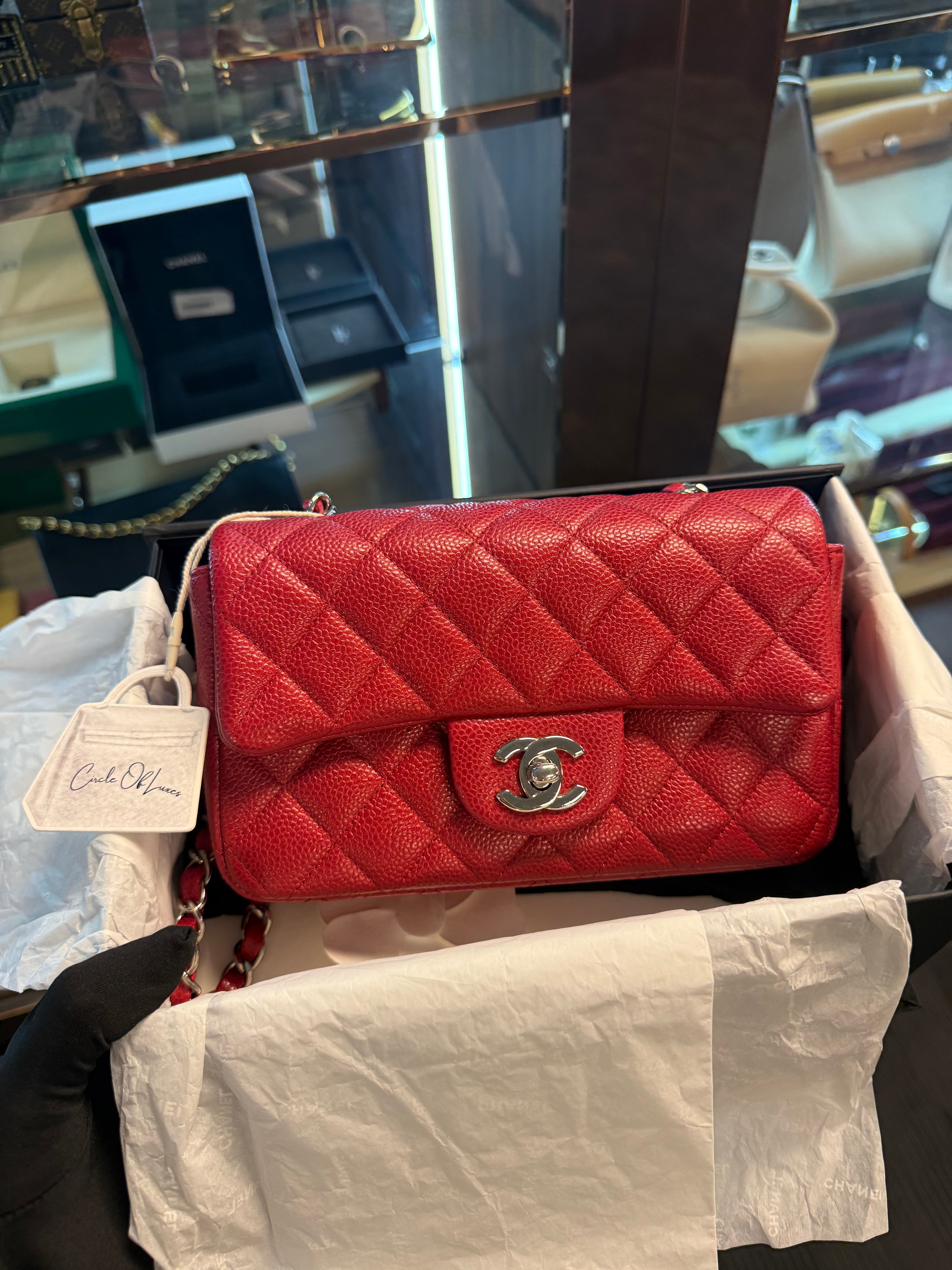 CHANEL 15C  MINI RECTANGLE CAVIAR PEARL RED SHW